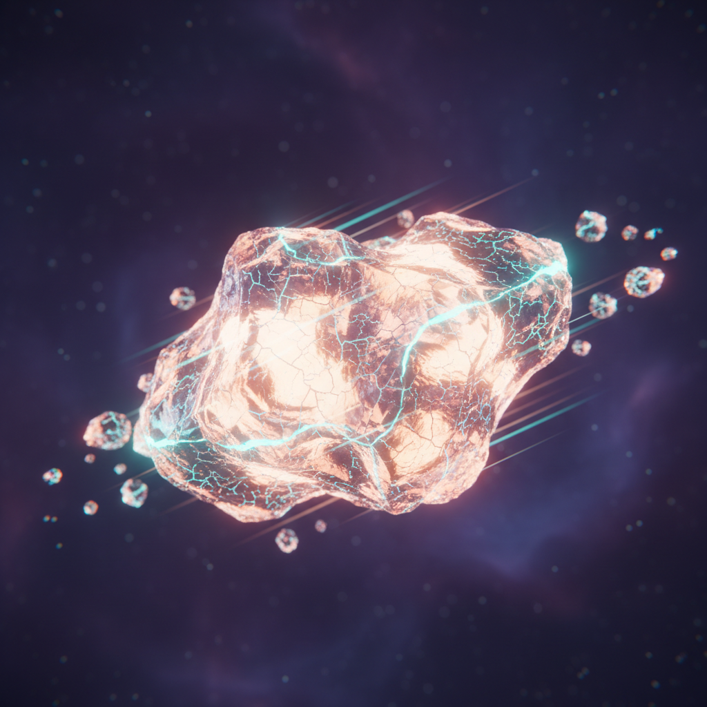 Leuchtender, kristallartiger Asteroid mit cyanfarbenen, elektrischen Adern; umgeben von kleinen Trümmerstücken vor einem violett-blauen Weltraumnebel.