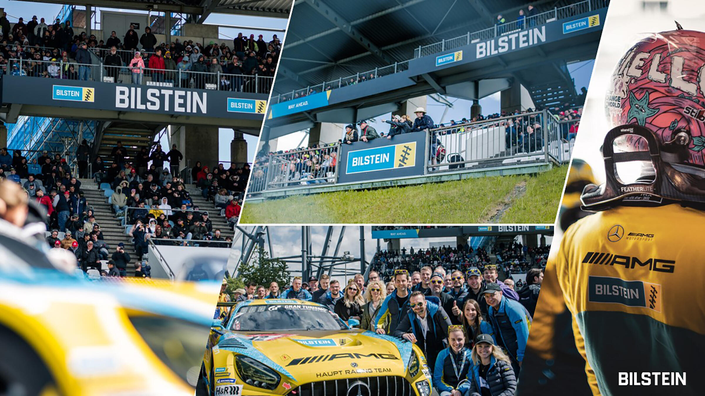 Collage of racing event scenes featuring Bilstein branding: a grandstand filled with spectators, a group of people gathered around a yellow AMG race car, and a racing driver in a helmet and Bilstein-branded suit. The atmosphere is lively and focused on motorsport.