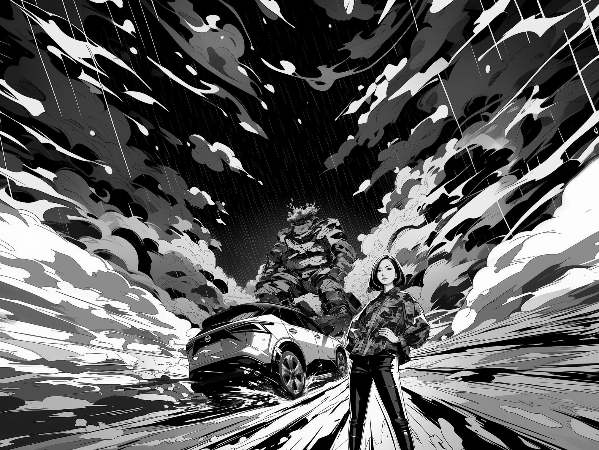 Schwarz-weiß Illustration: Eine Person steht vor einem modernen Auto in einer dynamischen, abstrakten Landschaft mit dramatischen Wolken und einer großen, fantasievollen Gestalt im Hintergrund.