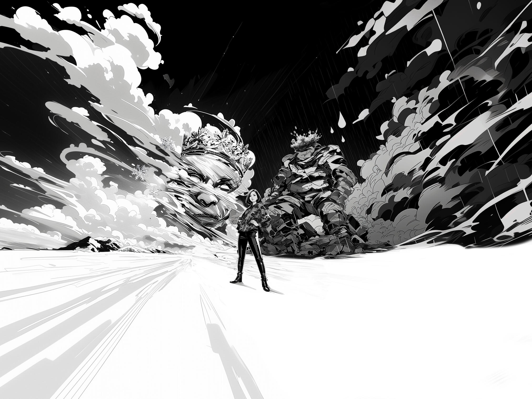 Schwarz-weiß Illustration: Eine Person steht in einer weiten, abstrakten Landschaft. Im Hintergrund sind dramatische Wolken und zwei große, fantasievolle Gestalten zu sehen, eine davon mit einer Krone. Die Szene wirkt dynamisch und surreal.