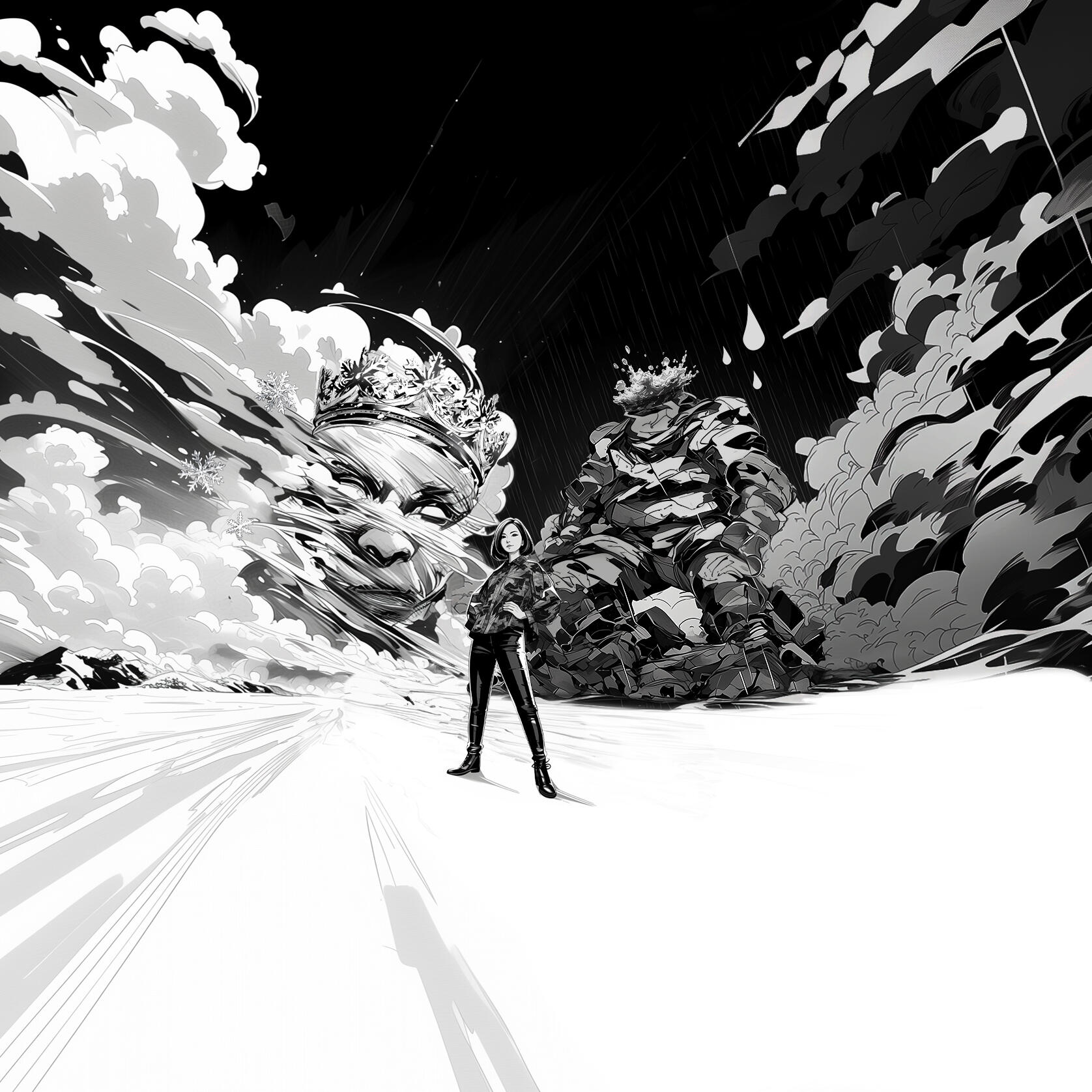 Schwarz-weiß Illustration: Eine Person steht in einer weiten, abstrakten Landschaft. Im Hintergrund sind dramatische Wolken und zwei große, fantasievolle Gestalten zu sehen, eine davon mit einer Krone. Die Szene wirkt dynamisch und surreal.