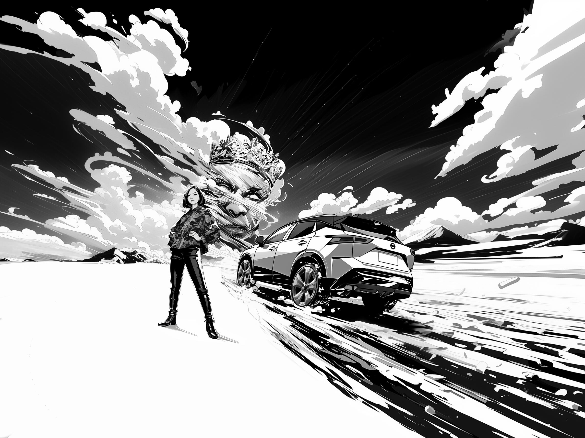 Schwarz-weiß Illustration: Eine Person steht selbstbewusst vor einem modernen Auto auf einer abstrakten, dynamischen Landschaft. Im Hintergrund sind dramatische Wolken und ein fantasievolles, großes Gesicht zu sehen.