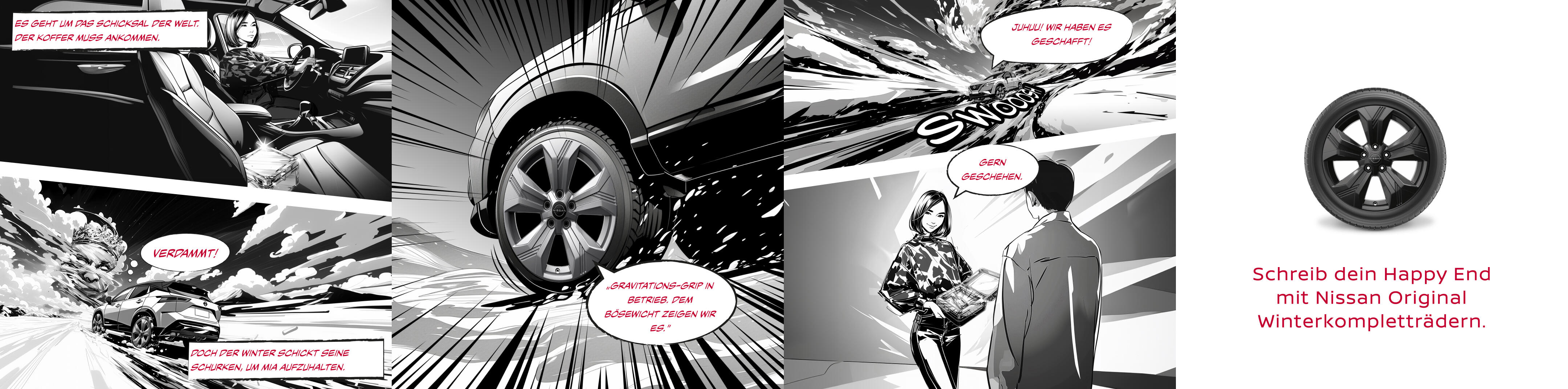 Comicartige Werbegrafik für Nissan Winterkompletträder. In mehreren Panels ist ein Auto auf winterlicher Straße zu sehen, dynamisch gezeichnete Reifen und Dialoge zwischen zwei Personen. Rechts ein Bild eines Autoreifens und der Text: „Schreib dein Happy End mit Nissan Original Winterkompletträdern.“