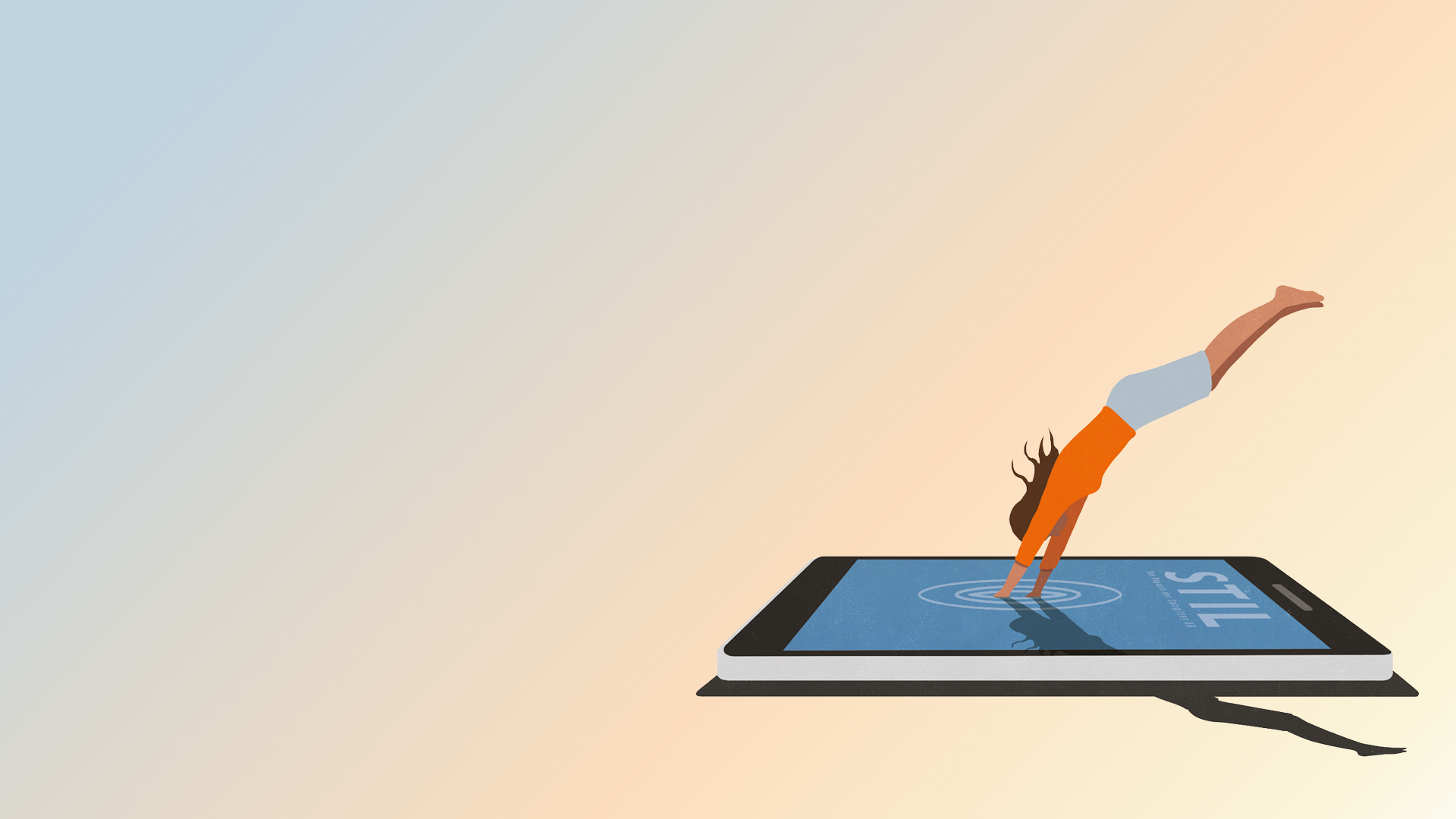 Illustration: Eine Person in orange taucht kopfüber in den Bildschirm eines Smartphones; auf dem Display Wellenkreise und das Wort „STIL“, vor einem hellen Blau‑Pfirsich‑Farbverlauf.