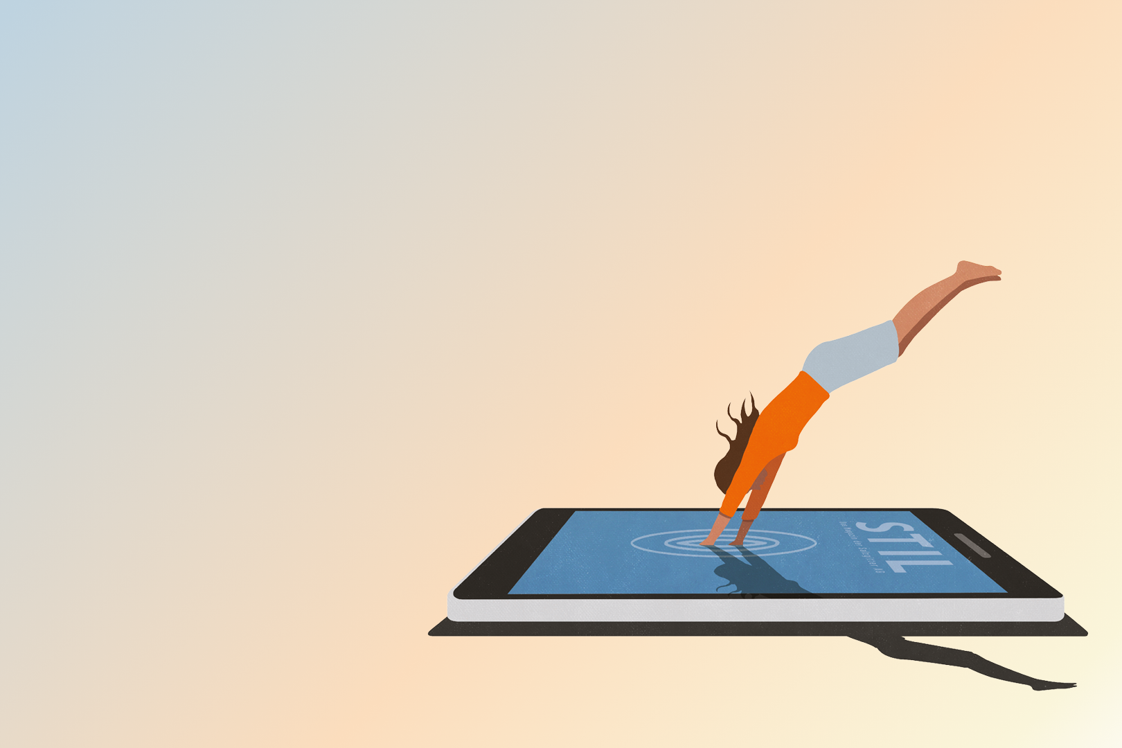 Illustration: Eine Person in orange taucht kopfüber in den Bildschirm eines Smartphones; auf dem Display Wellenkreise und das Wort „STIL“, vor einem hellen Blau‑Pfirsich‑Farbverlauf.