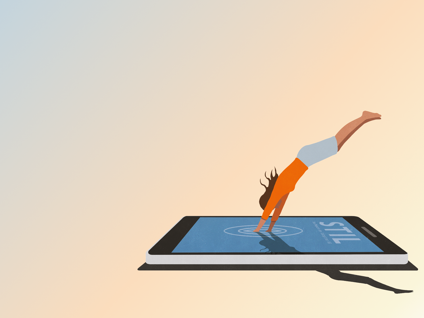 Illustration: Eine Person in orange taucht kopfüber in den Bildschirm eines Smartphones; auf dem Display Wellenkreise und das Wort „STIL“, vor einem hellen Blau‑Pfirsich‑Farbverlauf.