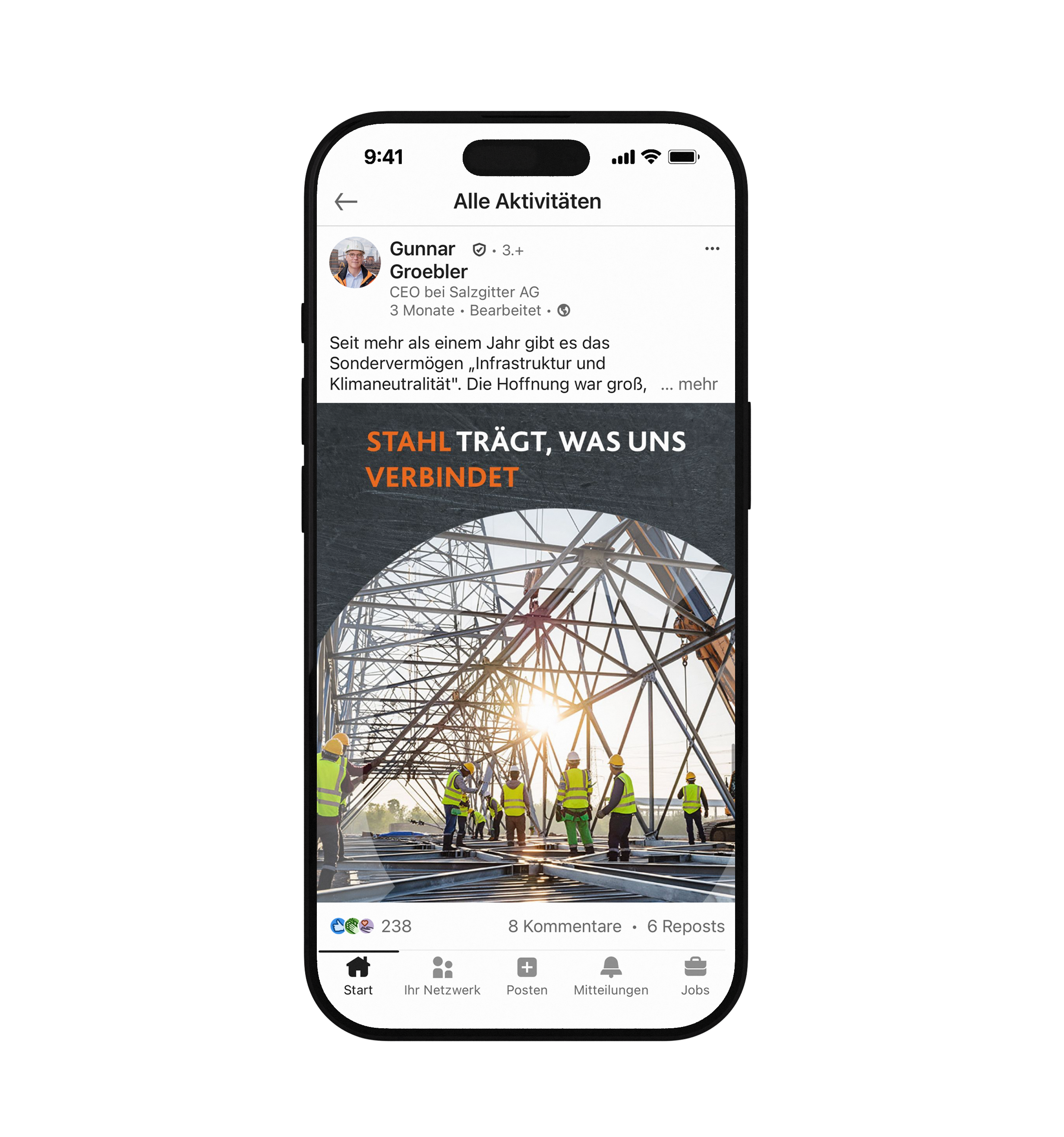 Selected articles are amplified on LinkedIn, as in this example from CEO Gunnar Groebler.