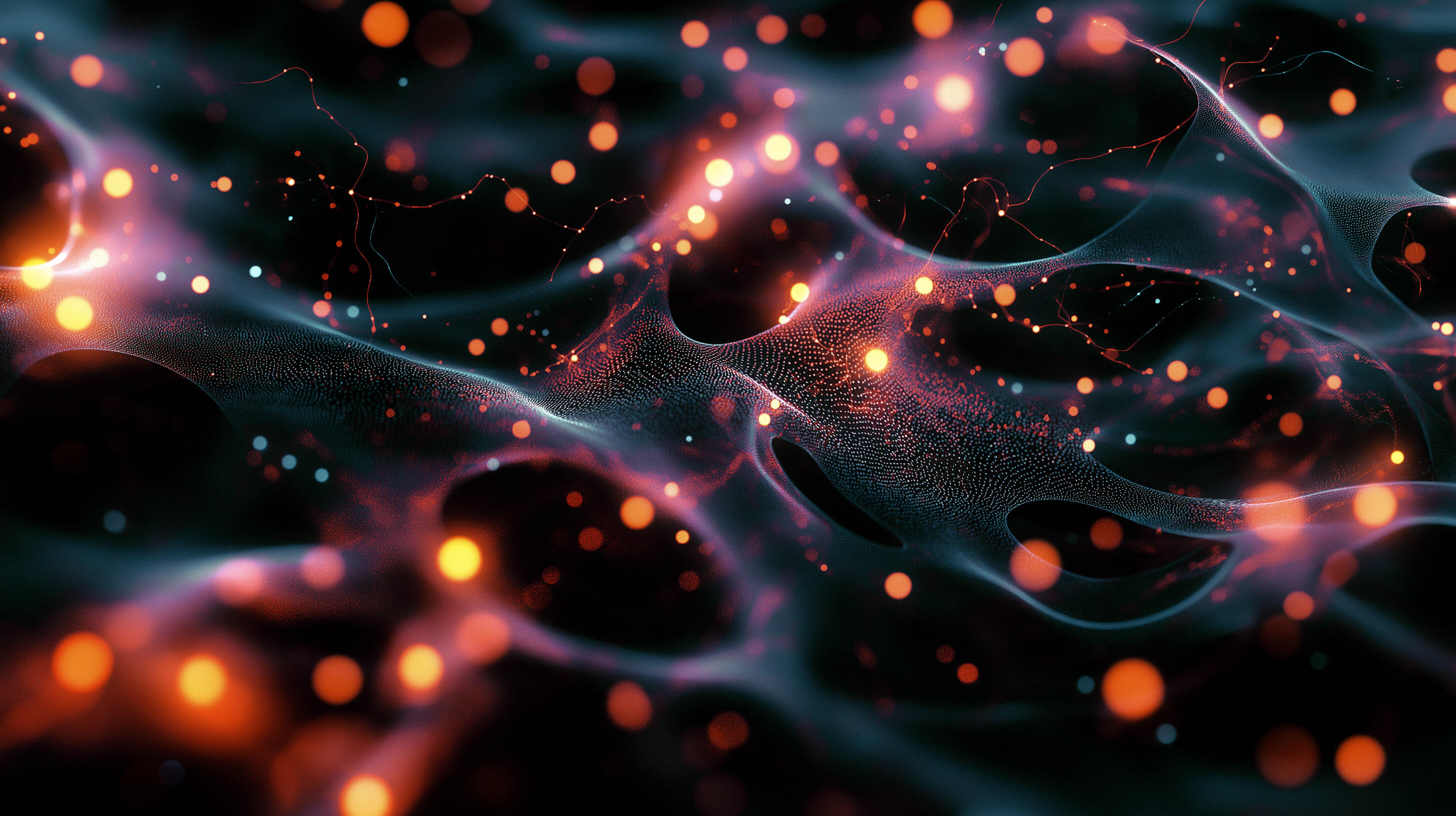 Ein abstraktes Bild zeigt ein Netzwerk aus leuchtenden, orangefarbenen Punkten und feinen, miteinander verbundenen Linien vor dunklem Hintergrund. Die Komposition wirkt dynamisch und erinnert an neuronale Netze oder digitale Verbindungen.