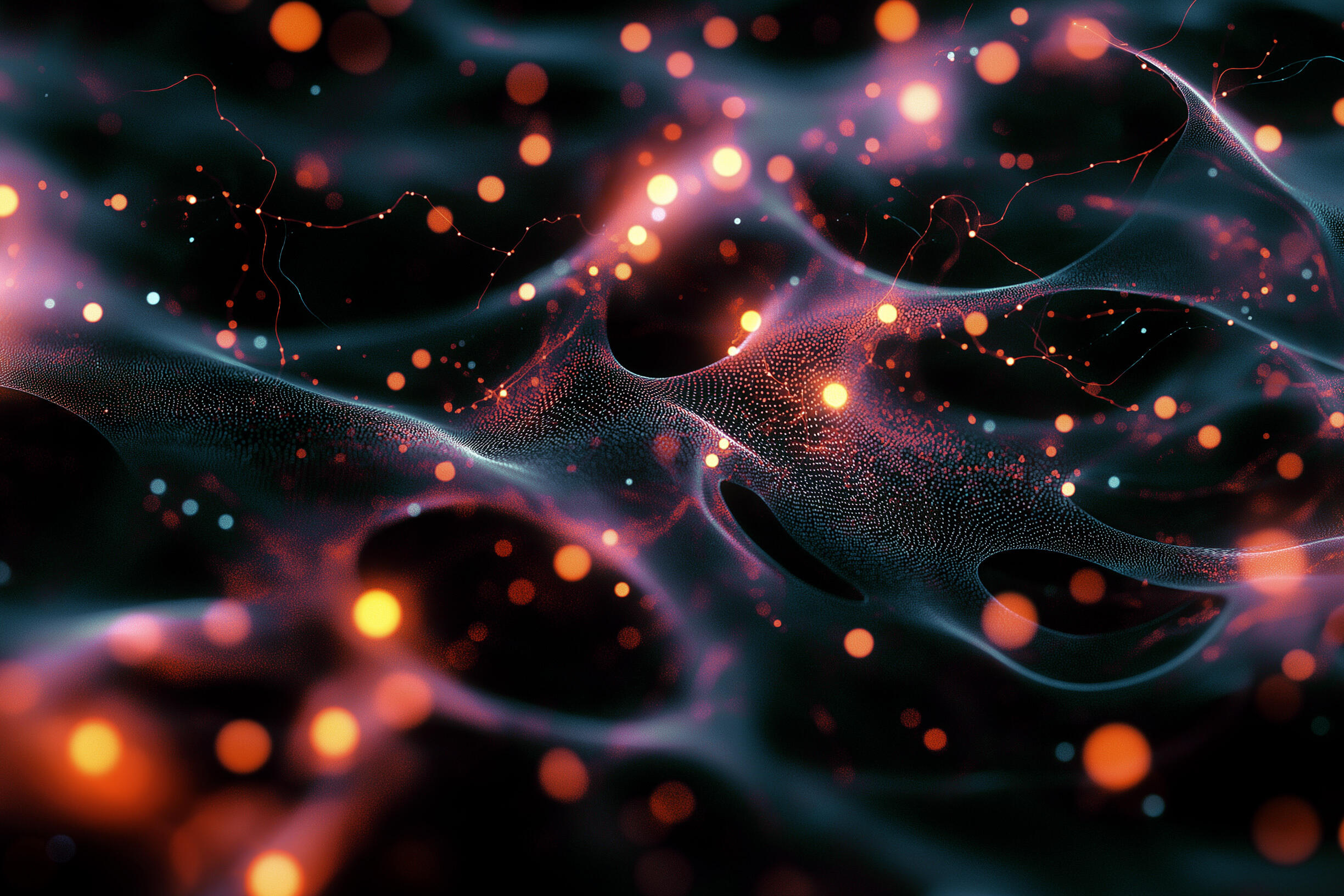 Ein abstraktes Bild zeigt ein Netzwerk aus leuchtenden, orangefarbenen Punkten und feinen, miteinander verbundenen Linien vor dunklem Hintergrund. Die Komposition wirkt dynamisch und erinnert an neuronale Netze oder digitale Verbindungen.