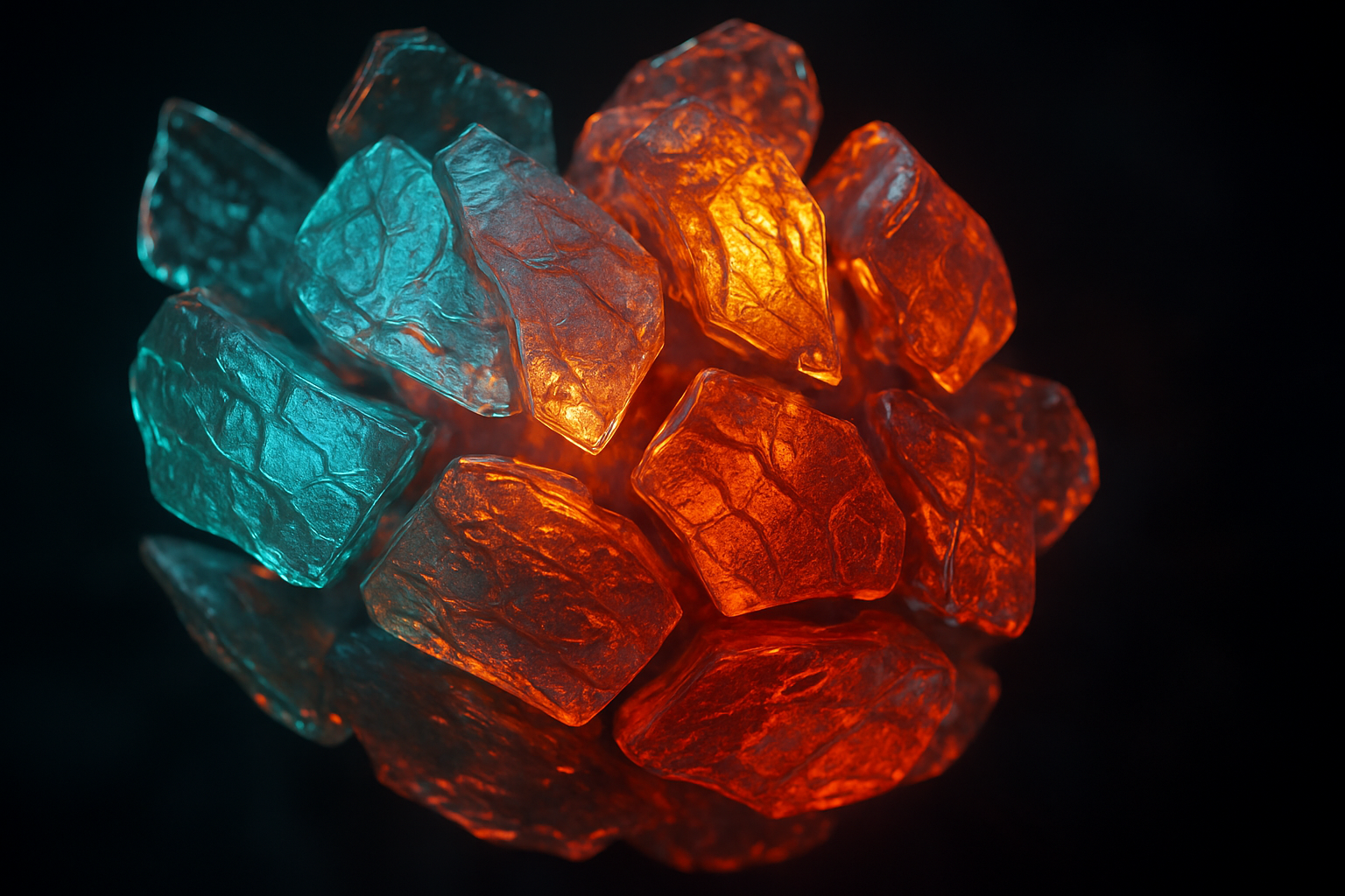 Eine Gruppe kantiger Kristalle, die zu einer Kugel angeordnet sind und in kräftigem Blau und Orange leuchten. Die Kristalle wirken transparent und sind vor dunklem Hintergrund besonders hervorgehoben.