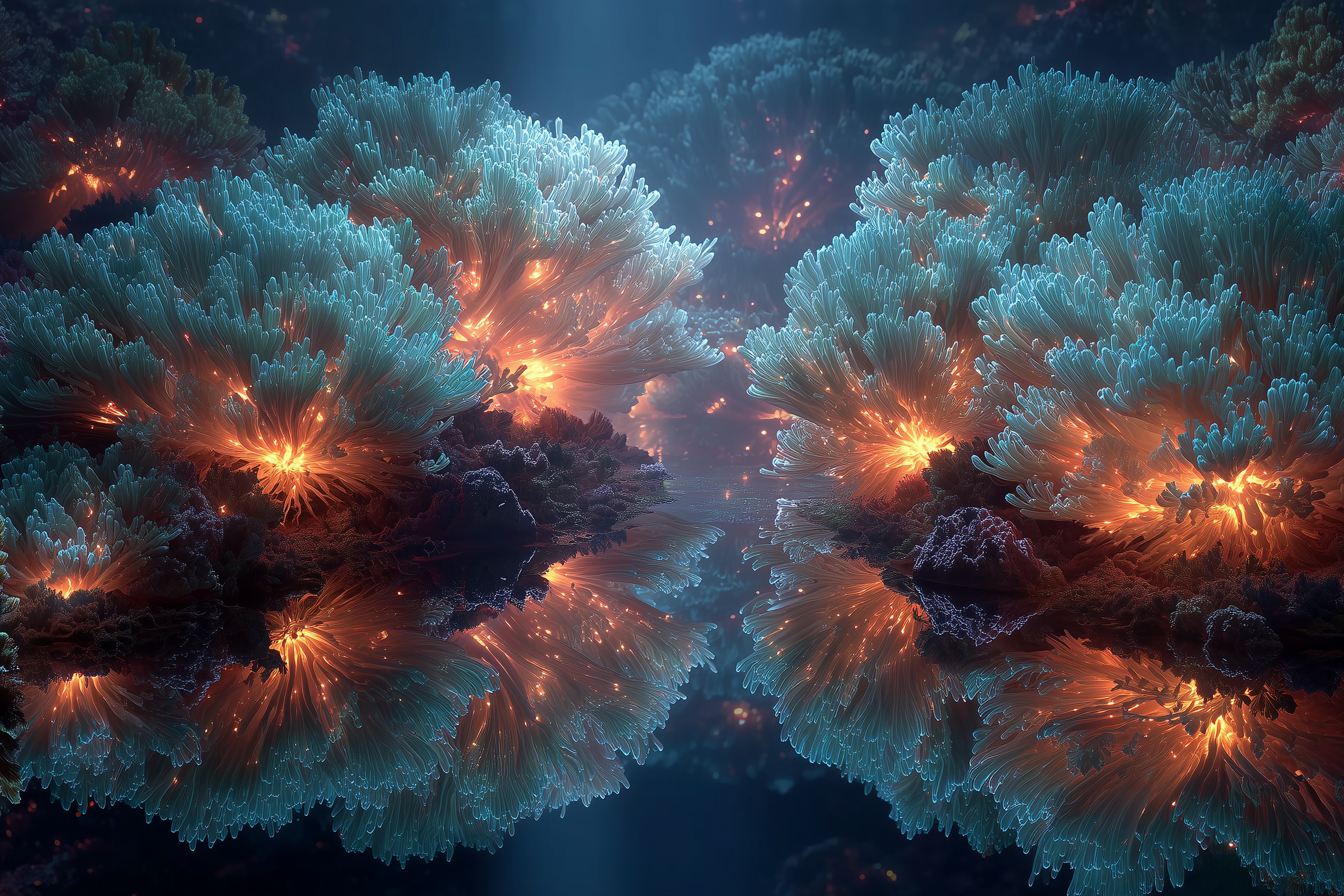 Das Bild zeigt zwei große, leuchtende Korallenformationen unter Wasser, die von orangefarbenem Licht von innen heraus erhellt werden. Die Korallen spiegeln sich auf der Wasseroberfläche und sind von weiteren Korallen im Hintergrund umgeben. Die Szenerie wirkt magisch und farbenfroh.