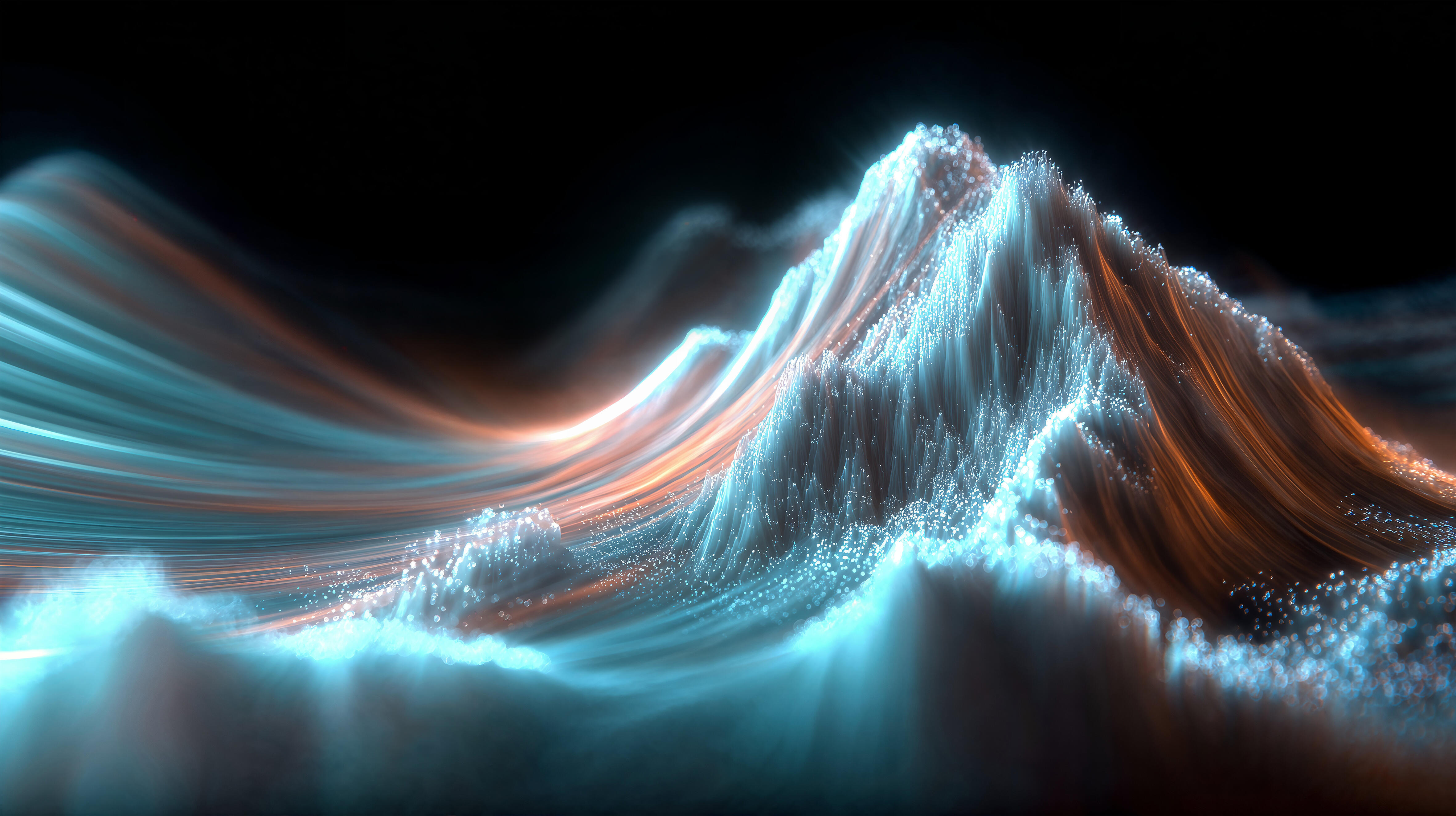 Abstrakte 3D-Landschaft: wellenförmige Bergkämme aus leuchtenden blauen und orangenen Partikeln auf dunklem Hintergrund.