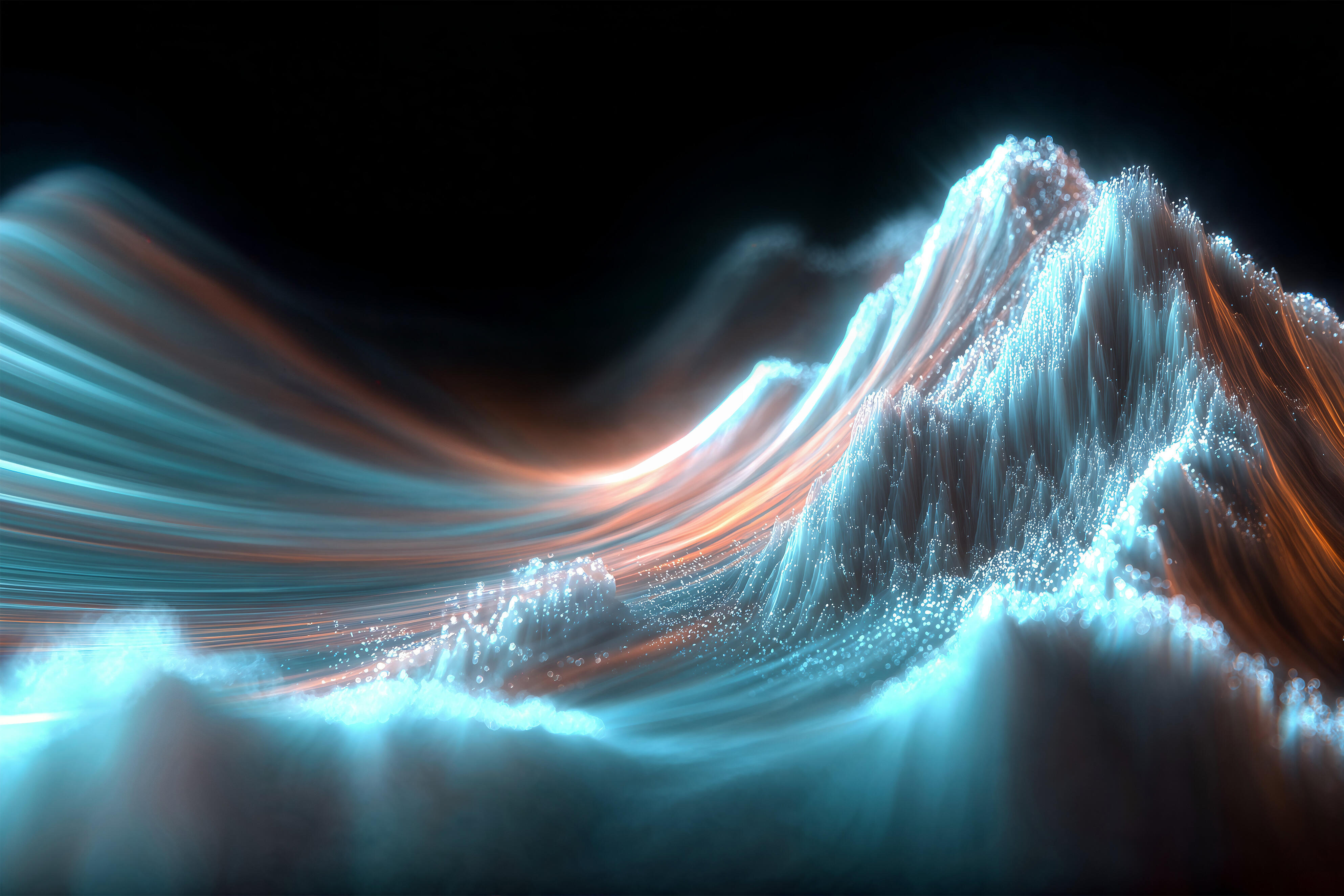 Abstrakte 3D-Landschaft: wellenförmige Bergkämme aus leuchtenden blauen und orangenen Partikeln auf dunklem Hintergrund.