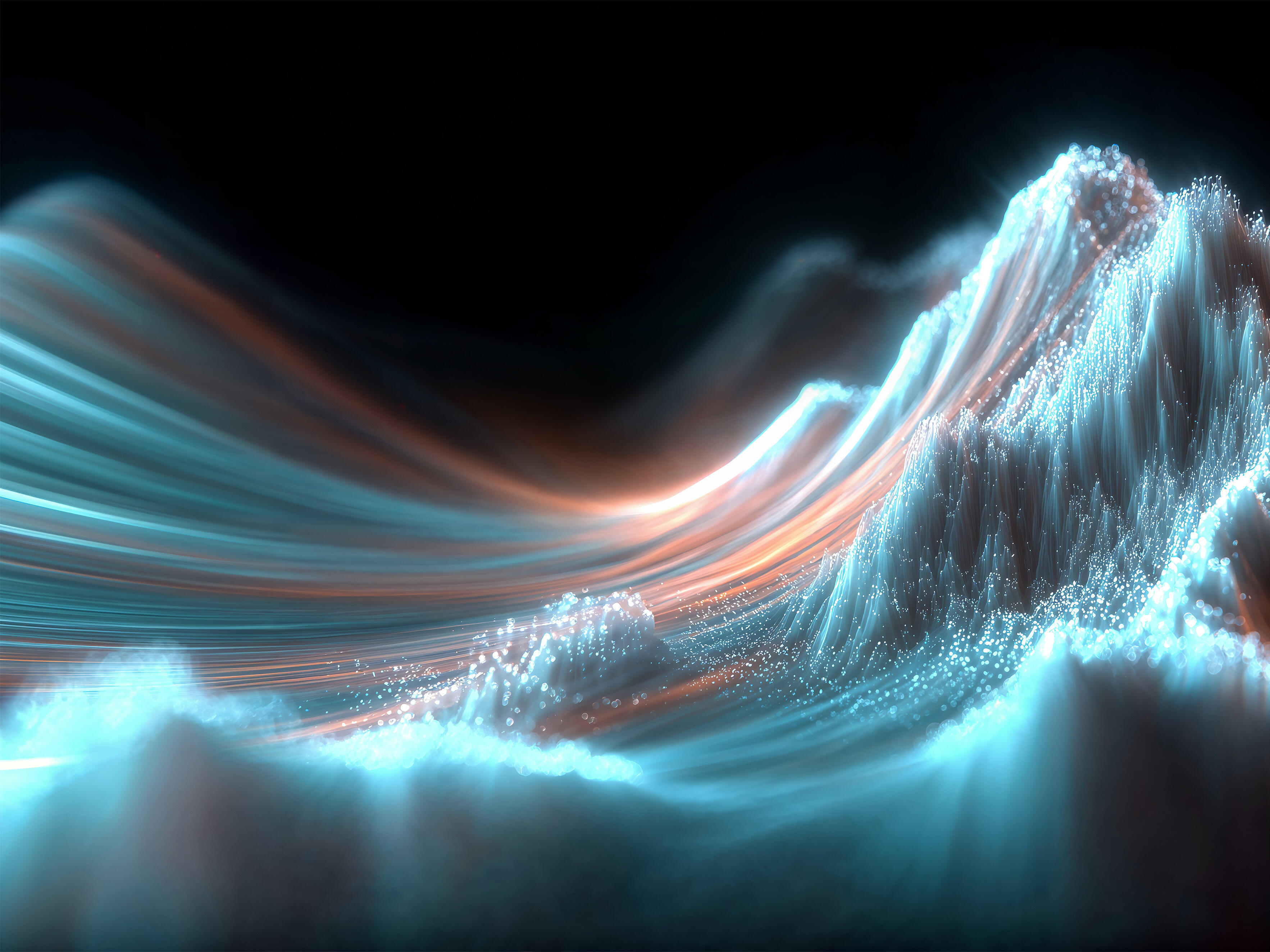 Abstrakte 3D-Landschaft: wellenförmige Bergkämme aus leuchtenden blauen und orangenen Partikeln auf dunklem Hintergrund.