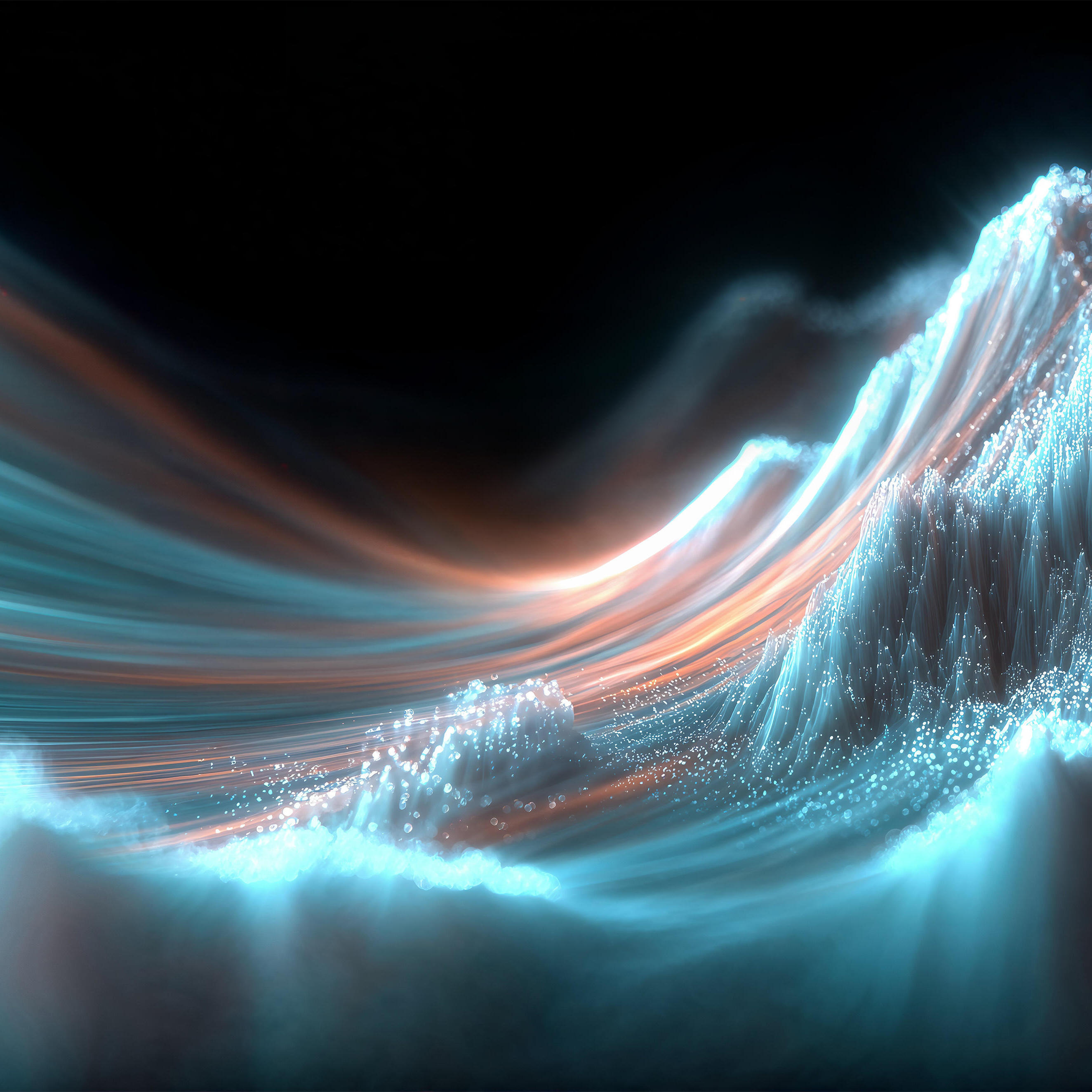 Abstrakte 3D-Landschaft: wellenförmige Bergkämme aus leuchtenden blauen und orangenen Partikeln auf dunklem Hintergrund.