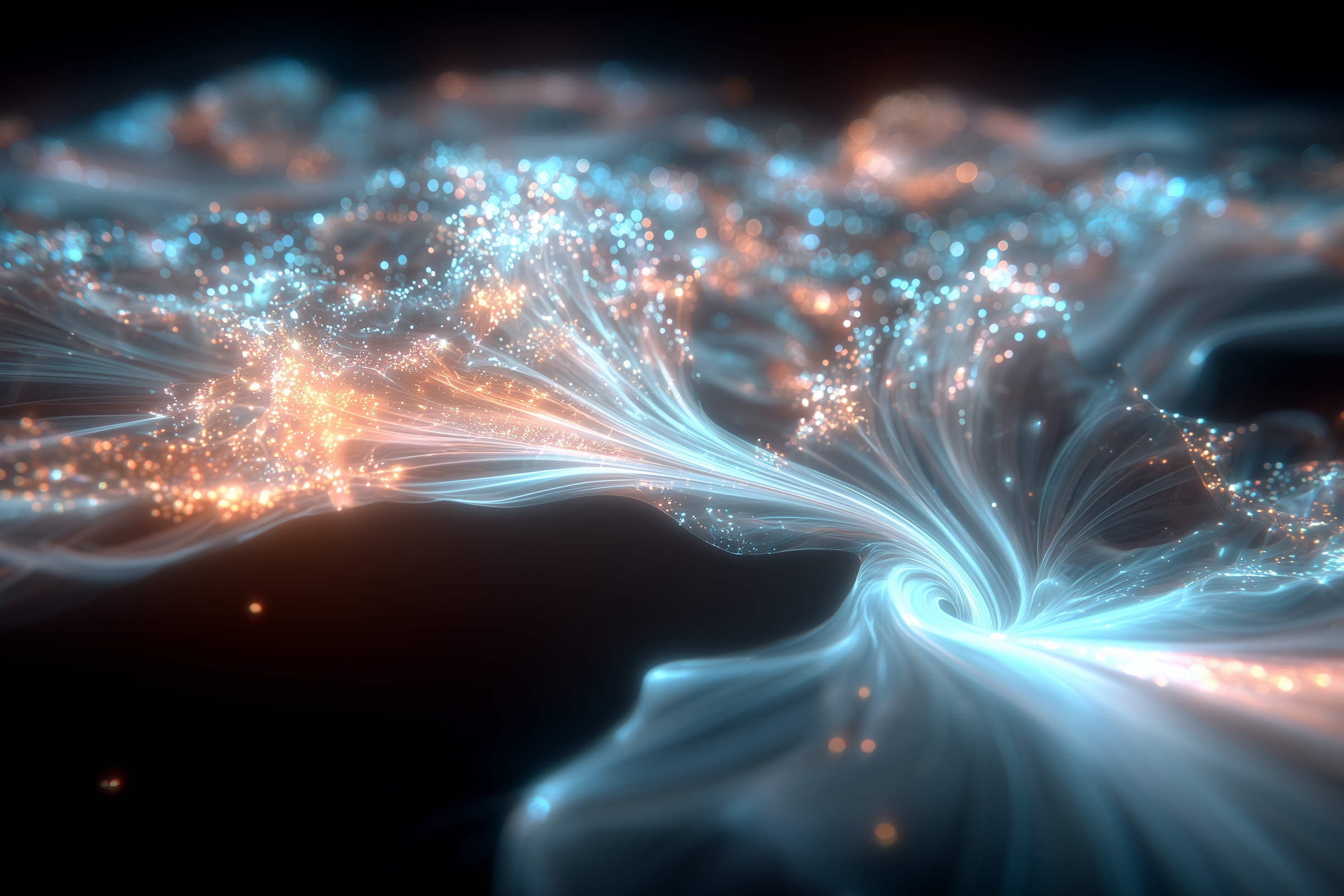 Abstrakte blaue und orange Lichtpartikel, die sich zu einem Wirbel auf dunklem Hintergrund sammeln.