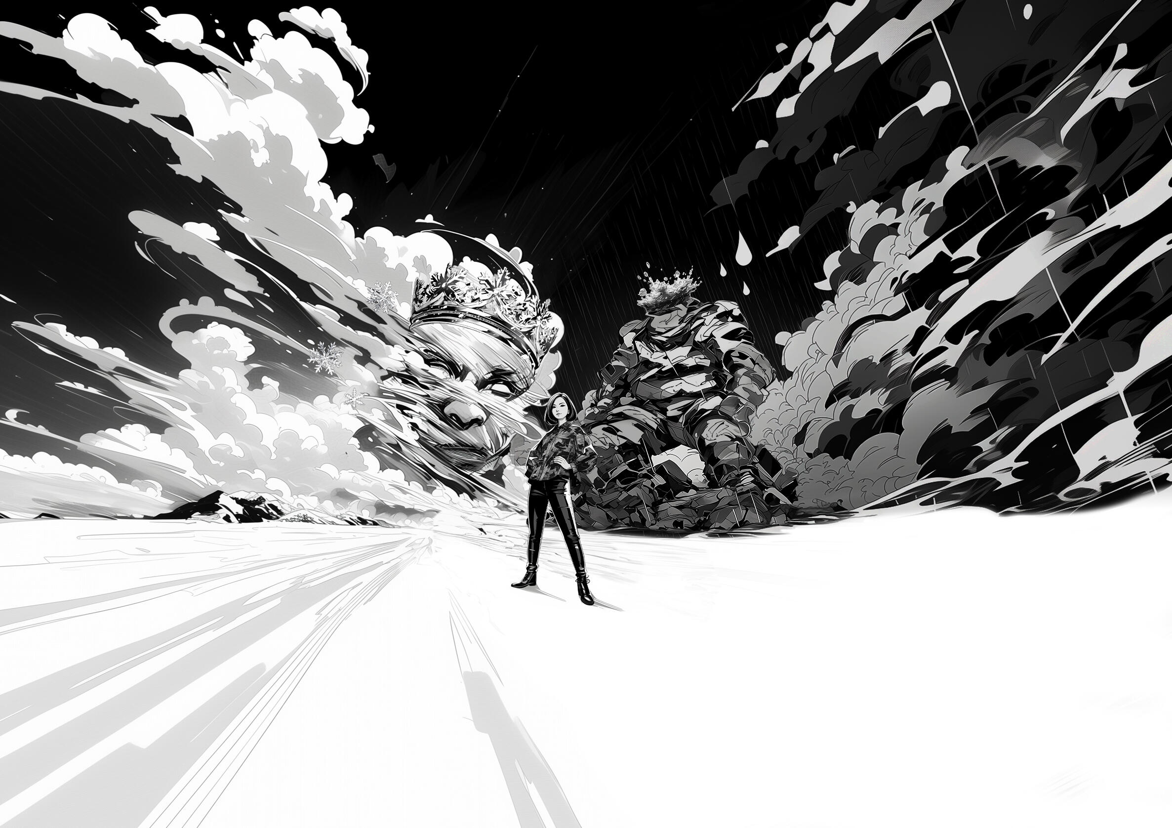 Schwarz-weiß Illustration einer Person, die selbstbewusst in einer weiten, dynamisch gezeichneten Landschaft steht. Im Hintergrund erscheinen zwei majestätische, gekrönte Figuren, eingebettet in dramatische Wolkenformationen und kräftige Linien. Die Szene vermittelt Stärke, Kreativität und einen Hauch von Fantasie.