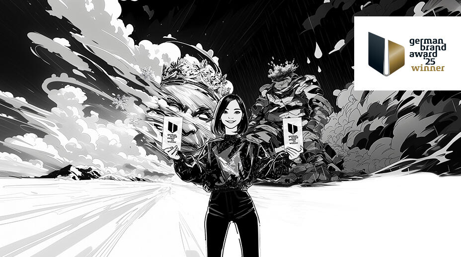 Schwarz-weiß Illustration einer Person, die zwei Trophäen mit dem Logo „German Brand Award 25 Winner“ in den Händen hält. Im Hintergrund sind zwei majestätische, gekrönte Figuren vor dramatischen Wolken zu sehen. Rechts oben befindet sich das Logo des German Brand Award. Die Szene vermittelt einen kraftvollen Eindruck von Erfolg und Auszeichnung im Bereich Markenführung.