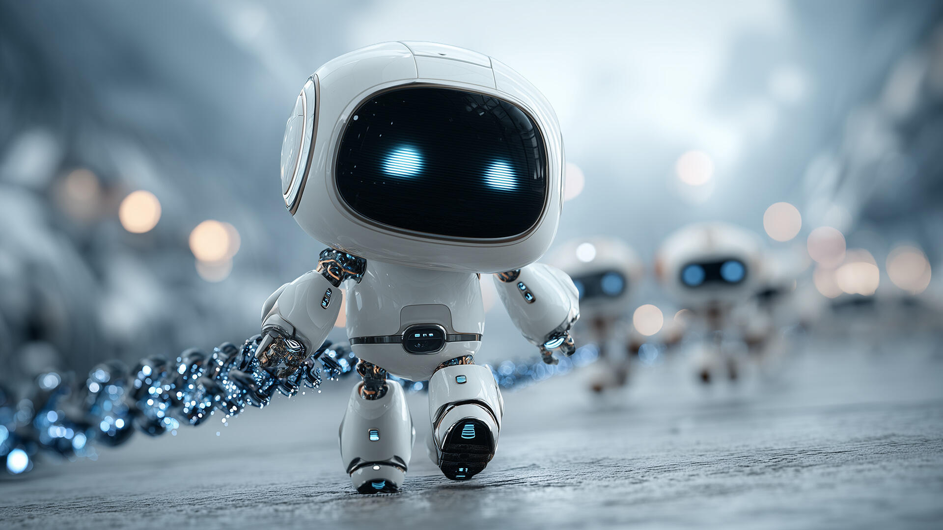 Kleiner weißer Roboter mit blauen LED‑Augen läuft auf nasser Straße; futuristische, neblige Szene, weitere Roboter unscharf im Hintergrund.