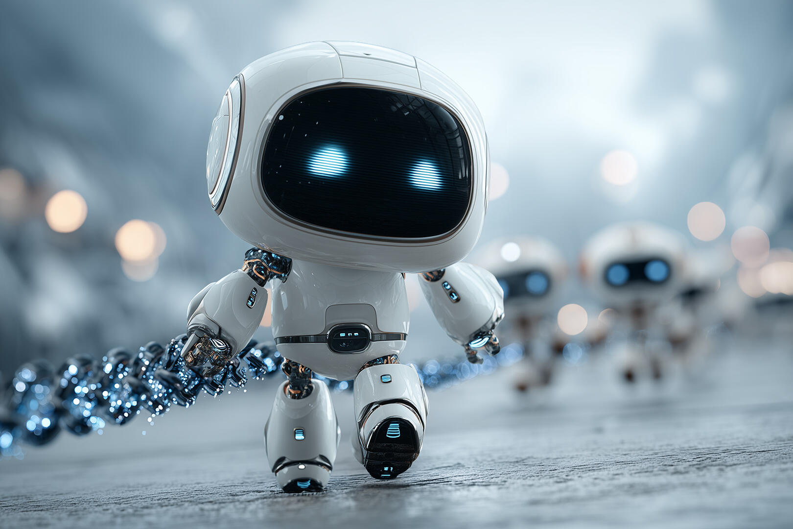 Kleiner weißer Roboter mit blauen LED‑Augen läuft auf nasser Straße; futuristische, neblige Szene, weitere Roboter unscharf im Hintergrund.