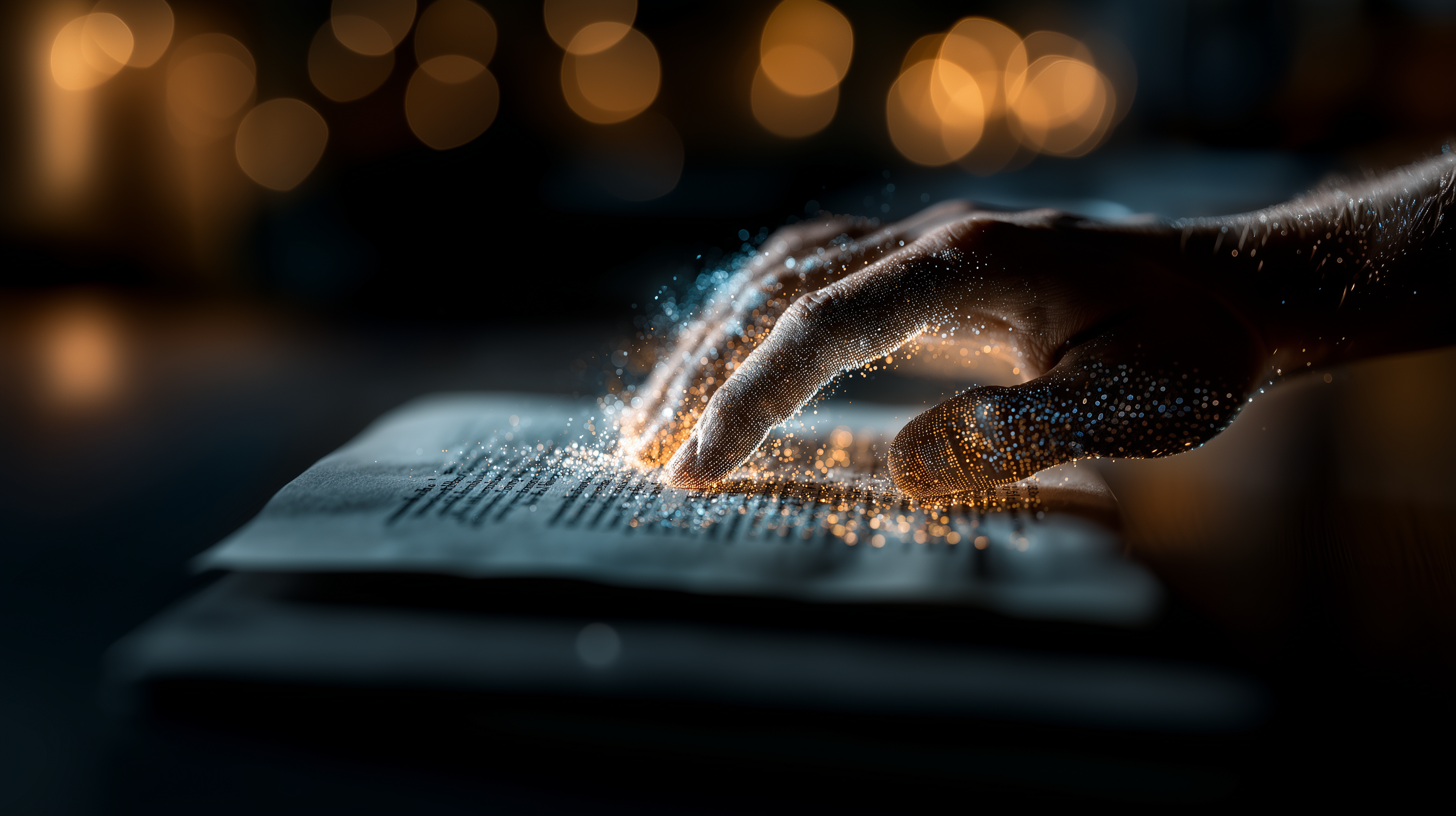 Hand berührt ein aufgeschlagenes Buch, umgeben von leuchtenden, digitalen Partikeln in stimmungsvoller Umgebung.