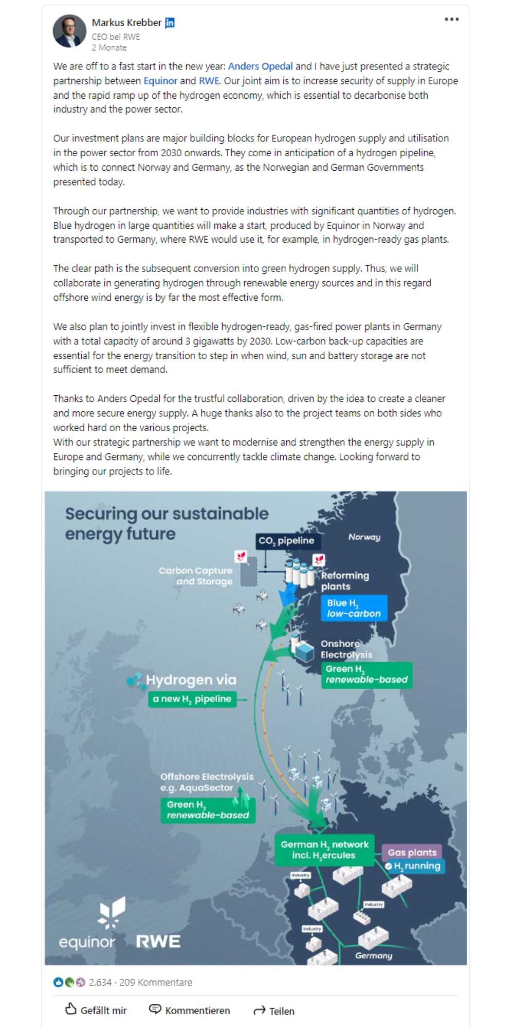 LinkedIn-Post mit einer Infografik zur strategischen Partnerschaft zwischen RWE und Equinor für nachhaltige Energie. Die Grafik zeigt den geplanten Wasserstoff-Transport von Norwegen nach Deutschland und die wichtigsten Standorte und Pipeline-Verbindungen.
