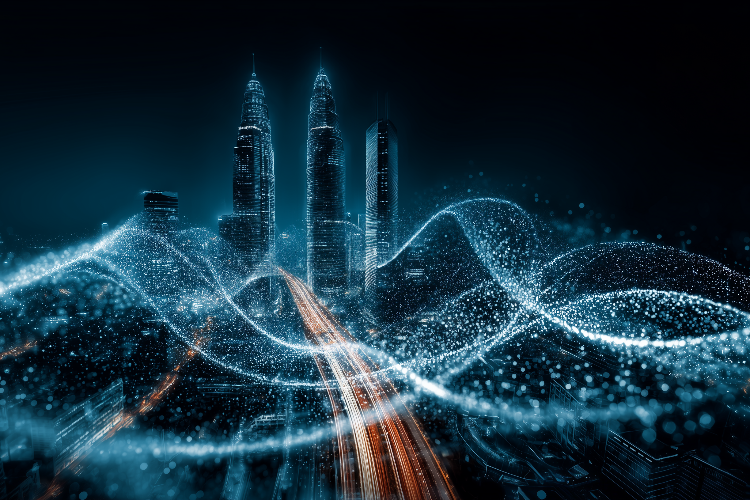 Leuchtende Datenströme visualisieren KI und Digitalisierung vor einer modernen Skyline bei Nacht.