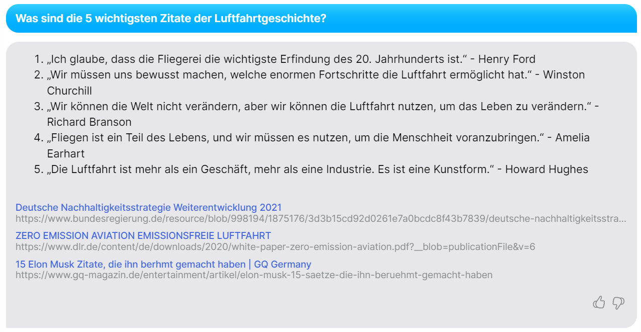 Screenshot einer Liste mit fünf bedeutenden Zitaten zur Luftfahrtgeschichte von Persönlichkeiten wie Henry Ford, Winston Churchill, Richard Branson, Amelia Earhart und Howard Hughes, ergänzt durch weiterführende Links zu Nachhaltigkeit und Emissionsfreiheit in der Luftfahrt.