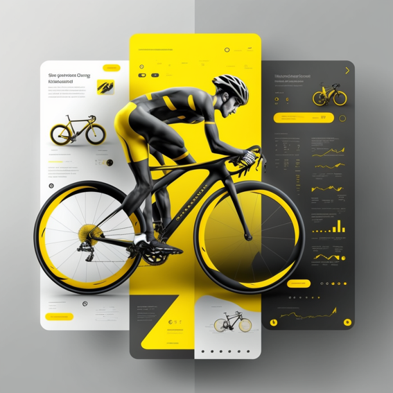 Illustration eines Radfahrers auf einem gelb-schwarzen Rennrad, umgeben von modernen, grafischen Benutzeroberflächen mit technischen Daten, Diagrammen und Fahrrad-Details.