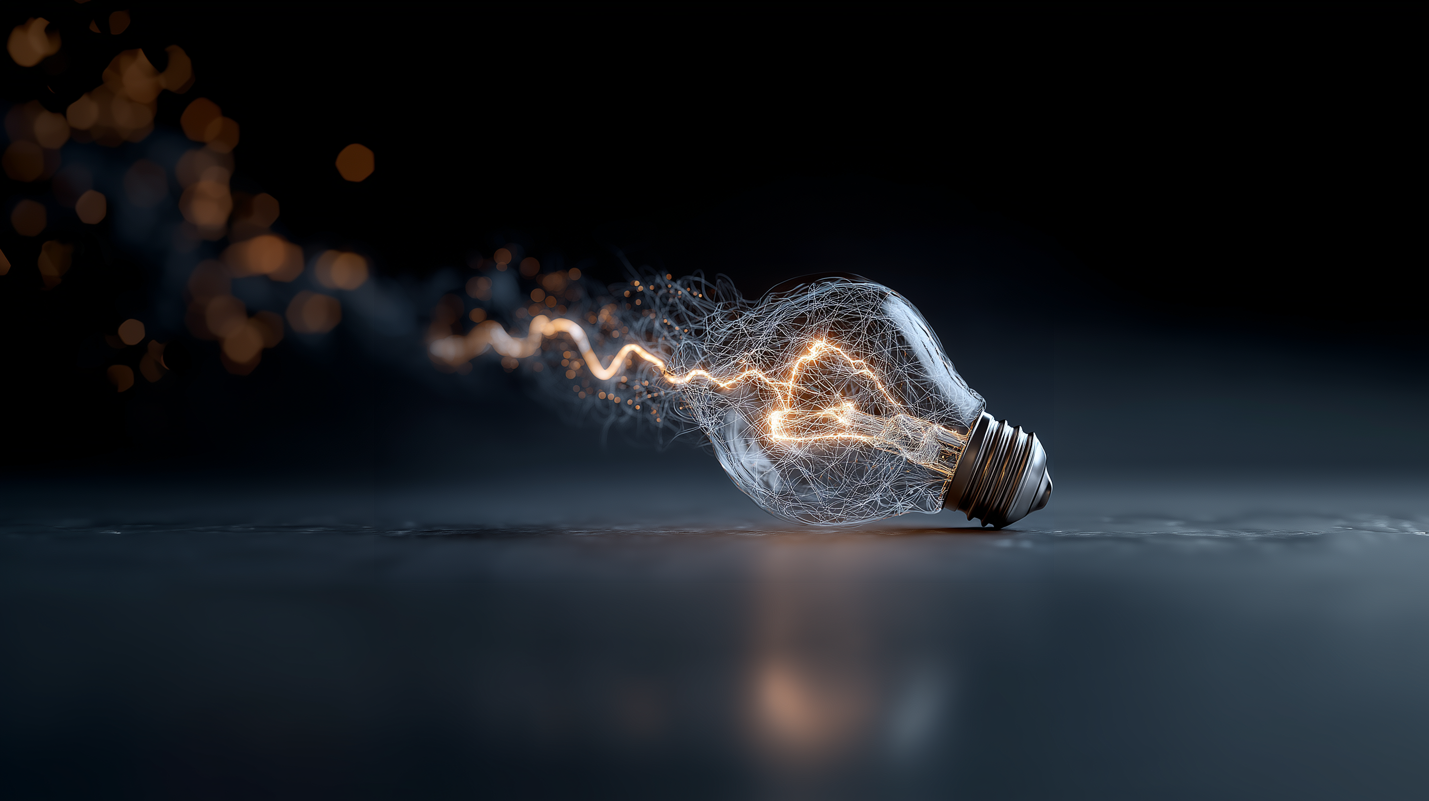 Leuchtende Glühbirne mit dynamischem Energiefluss in dunkler, moderner Umgebung.