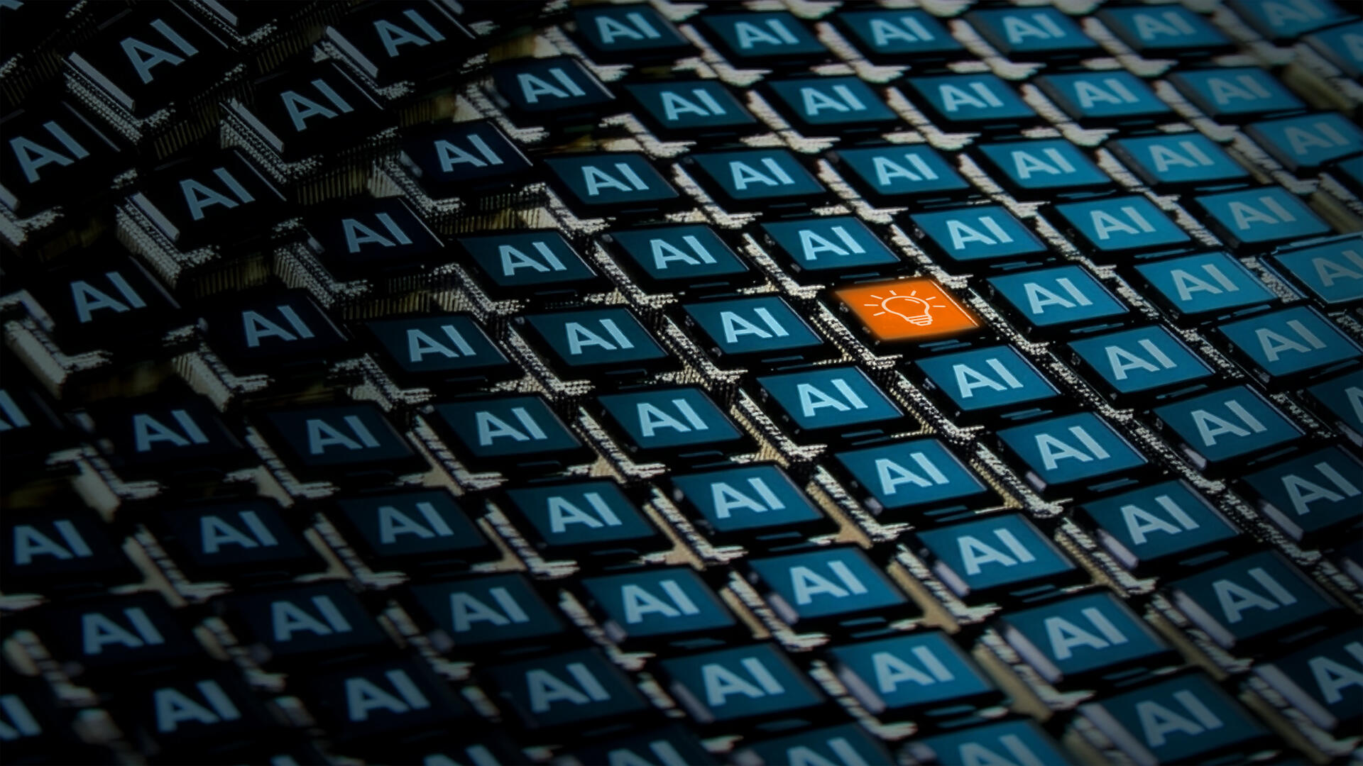 Dicht angeordnete Computerchips mit der Aufschrift „AI“; ein orangefarbener Chip mit Glühbirnensymbol hebt sich in der Mitte ab.