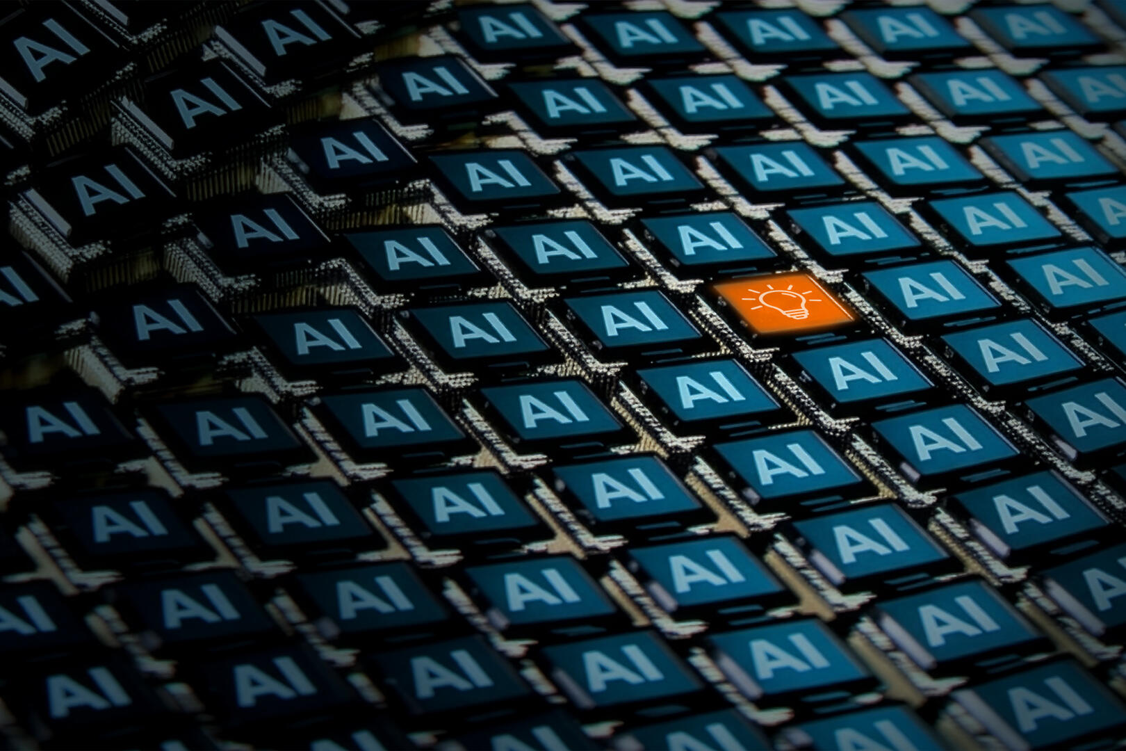 Dicht angeordnete Computerchips mit der Aufschrift „AI“; ein orangefarbener Chip mit Glühbirnensymbol hebt sich in der Mitte ab.