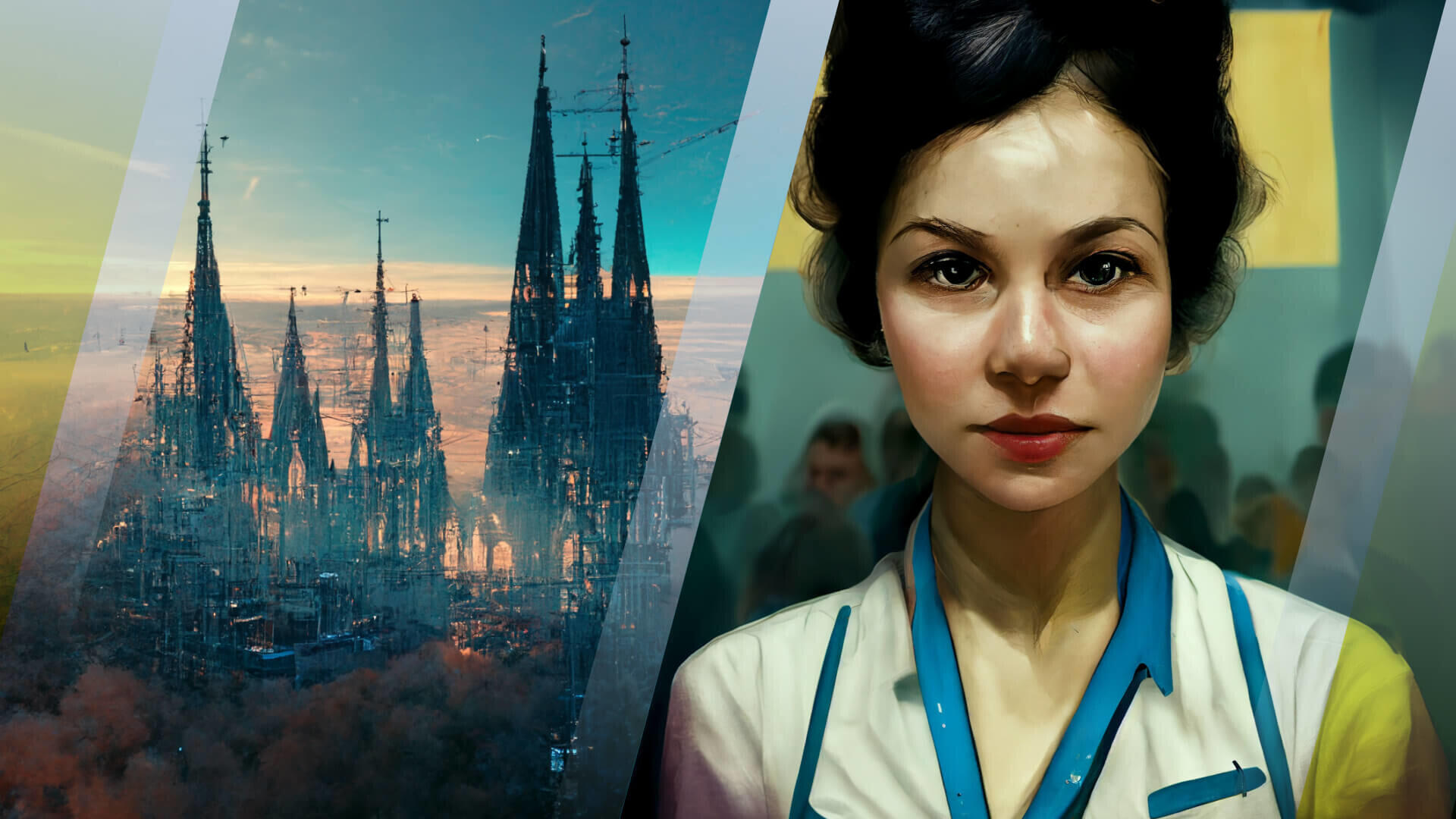 Futuristische Darstellung des Kölner Doms vor einem farbenreichen Himmel, daneben eine Person in retro-inspirierter Kleidung vor einem unscharfen Hintergrund; Bild durch diagonale Streifen geteilt.