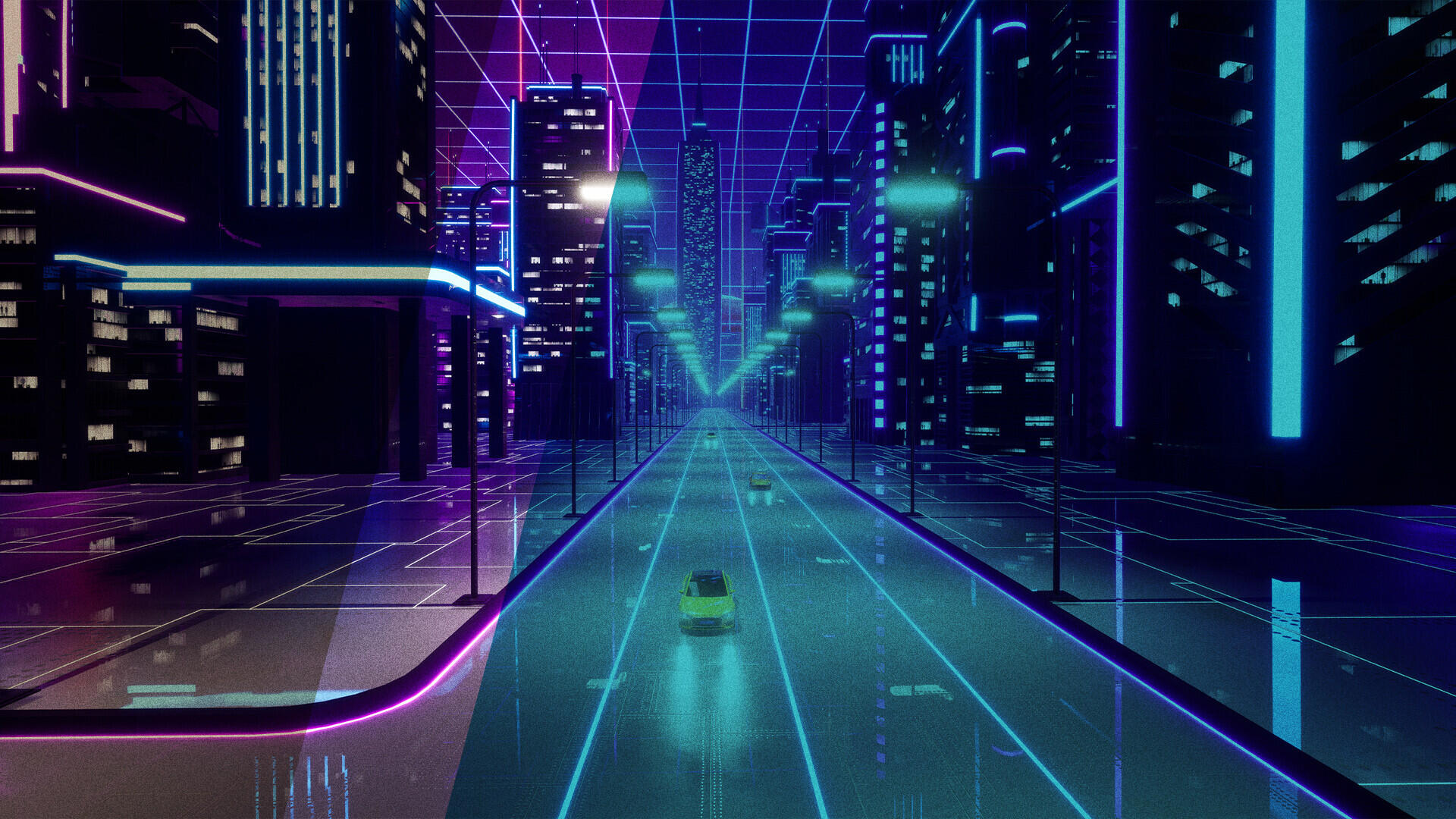 Eine futuristische Stadt bei Nacht, dargestellt im Neon-Stil: Hochhäuser mit leuchtenden blauen und pinken Linien, eine breite Straße mit wenigen Autos, und ein Raster aus Lichtlinien am Himmel, das dem Bild einen digitalen, cyberpunkartigen Look verleiht.