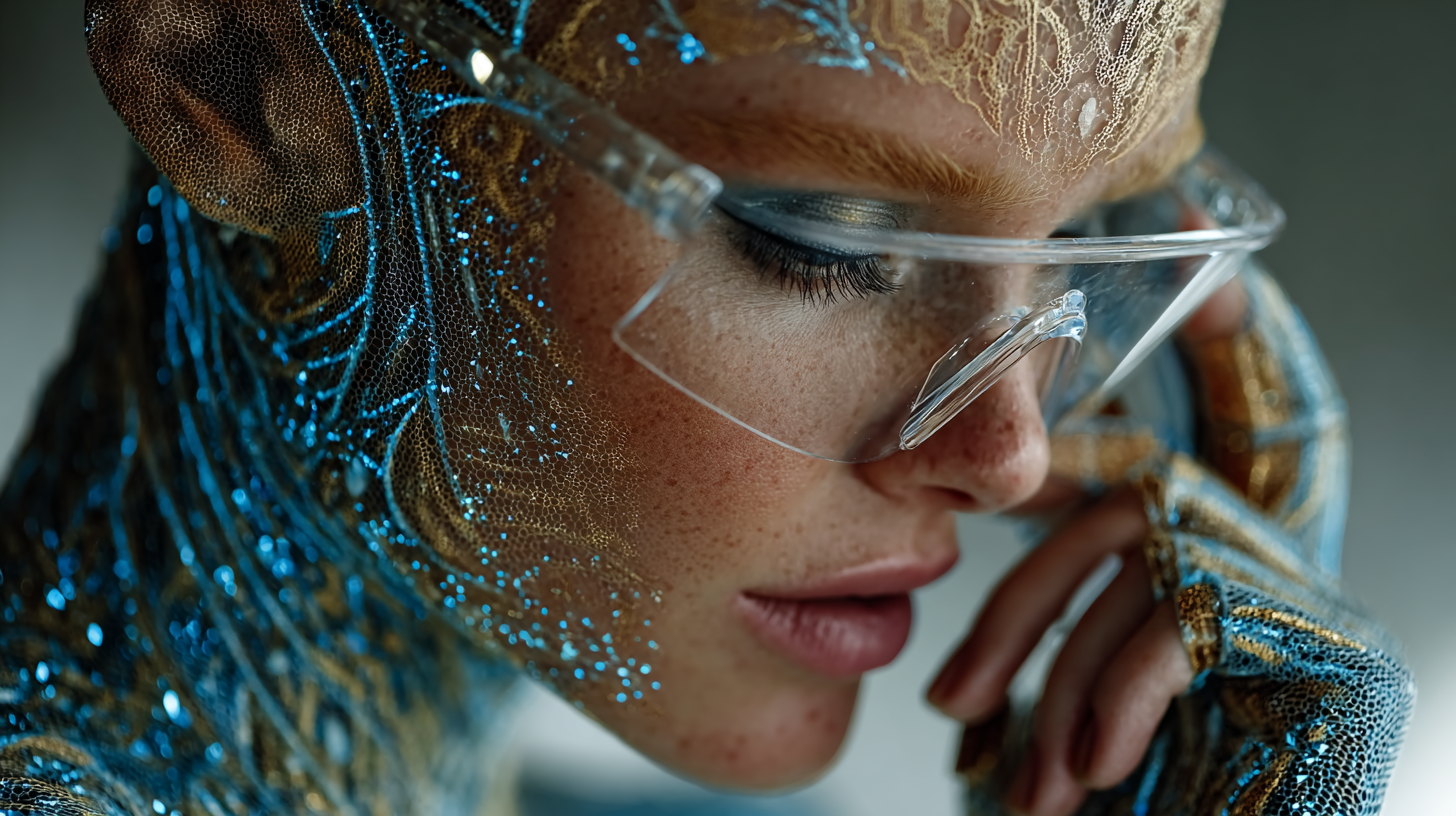 Nahaufnahme eines futuristischen Porträts: Person mit transparenter Visor-Brille und blau‑goldenem, glitzernden Mesh-Anzug; filigrane Muster auf der Haut, Finger am Gesicht.