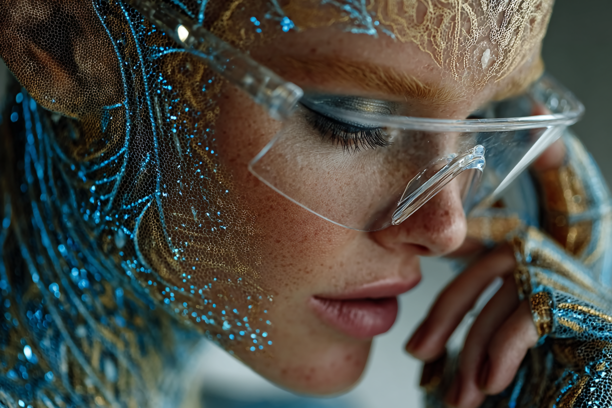 Nahaufnahme eines futuristischen Porträts: Person mit transparenter Visor-Brille und blau‑goldenem, glitzernden Mesh-Anzug; filigrane Muster auf der Haut, Finger am Gesicht.