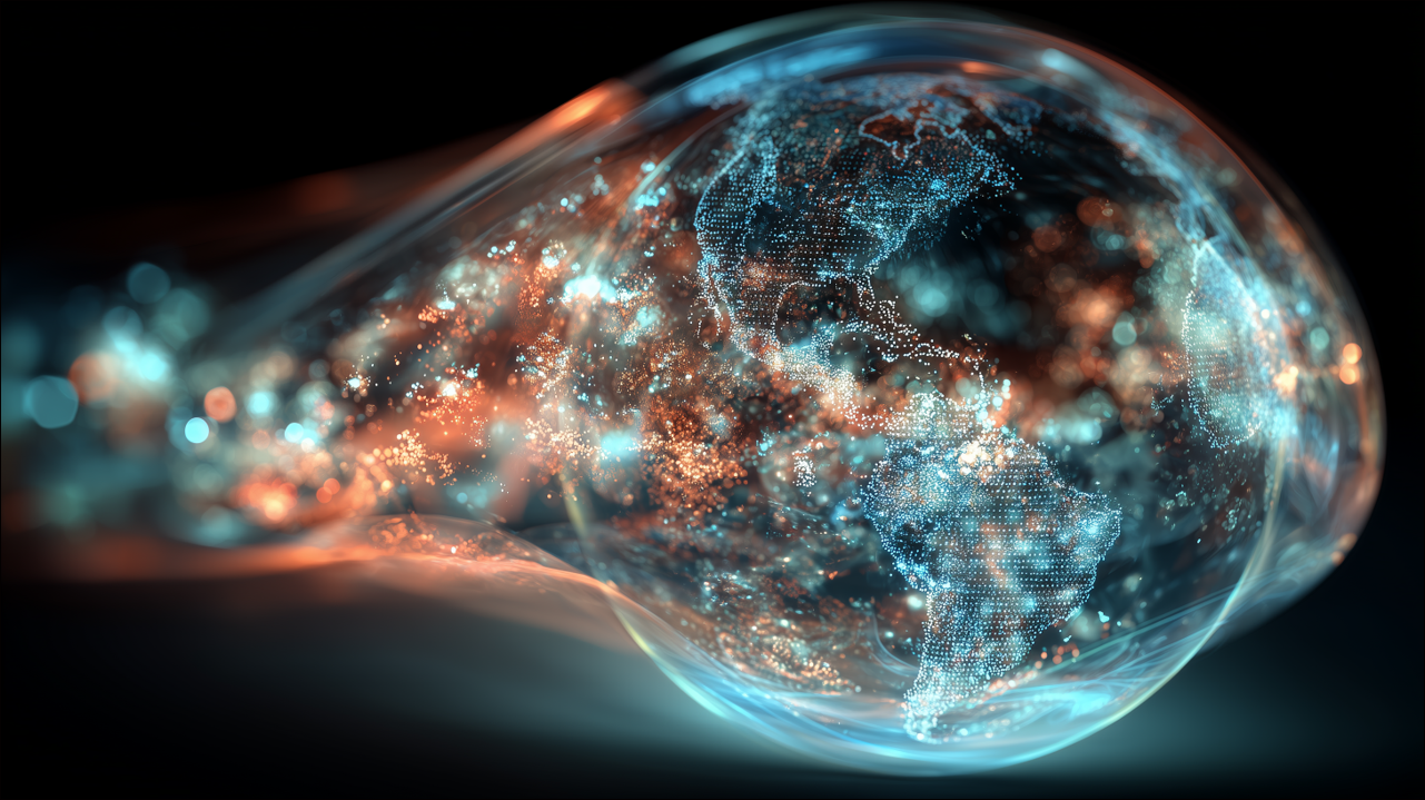 Eine stilisierte, digitale Darstellung des Planeten Erde, der aus leuchtenden blauen und orangefarbenen Datenpunkten besteht. Der Globus ist von einer fließenden, transparenten Hülle umschlossen, die sich vor einem dunklen Hintergrund bewegt und ein Gefühl von Technologie und globaler Vernetzung vermittelt.