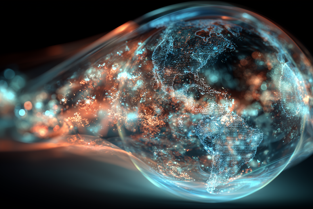 Eine stilisierte, digitale Darstellung des Planeten Erde, der aus leuchtenden blauen und orangefarbenen Datenpunkten besteht. Der Globus ist von einer fließenden, transparenten Hülle umschlossen, die sich vor einem dunklen Hintergrund bewegt und ein Gefühl von Technologie und globaler Vernetzung vermittelt.