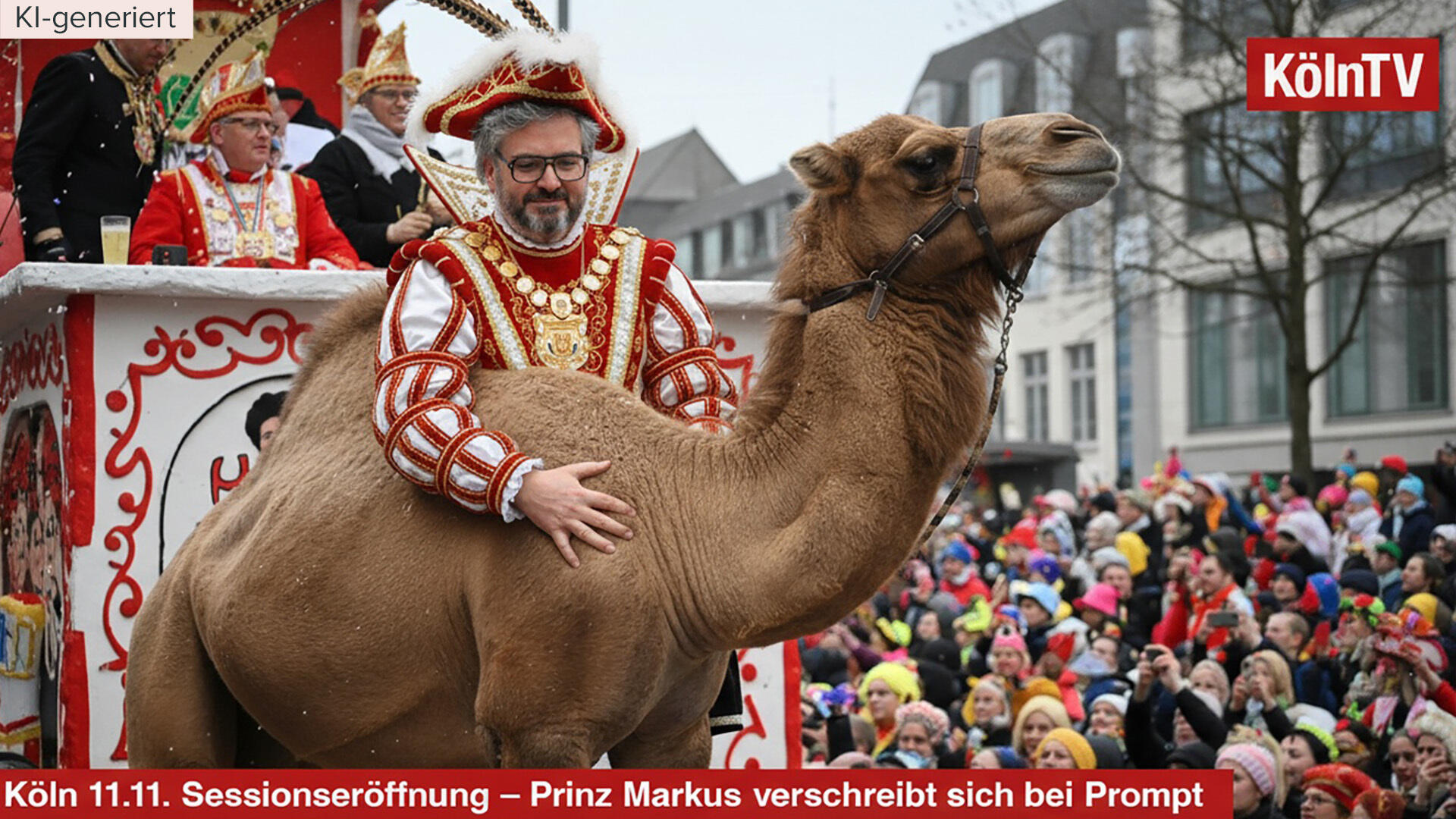 Farbfoto eines Karnevalsumzugs in Köln: Ein Mann im prunkvollen Prinzenkostüm reitet auf einem Kamel vor einer großen, bunt gekleideten Menschenmenge. Oben links steht „KI-generiert“, oben rechts das Senderlogo „KölnTV“. Unten läuft ein roter Balken mit der Einblendung: „Köln 11.11. Sessionseröffnung – Prinz Markus verschreibt sich bei Prompt“.