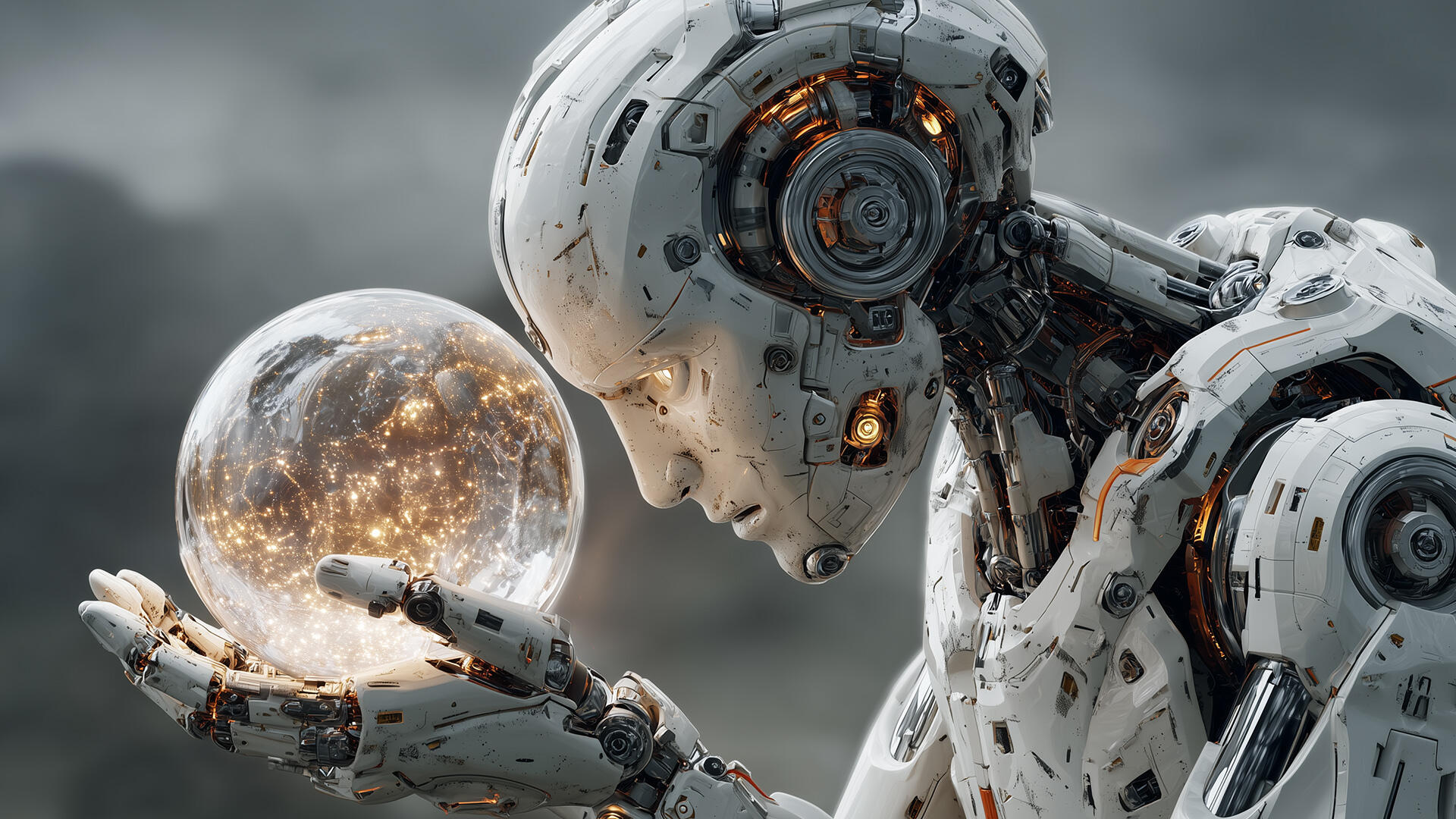 Weißer, futuristischer humanoider Roboter in Nahaufnahme hält eine transparente, von Lichtpunkten leuchtende Kugel; grauer Hintergrund; quadratisches, unscharfes Overlay in der Bildmitte.