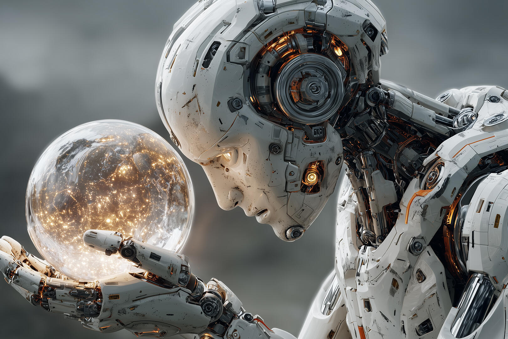 Weißer, futuristischer humanoider Roboter in Nahaufnahme hält eine transparente, von Lichtpunkten leuchtende Kugel; grauer Hintergrund; quadratisches, unscharfes Overlay in der Bildmitte.