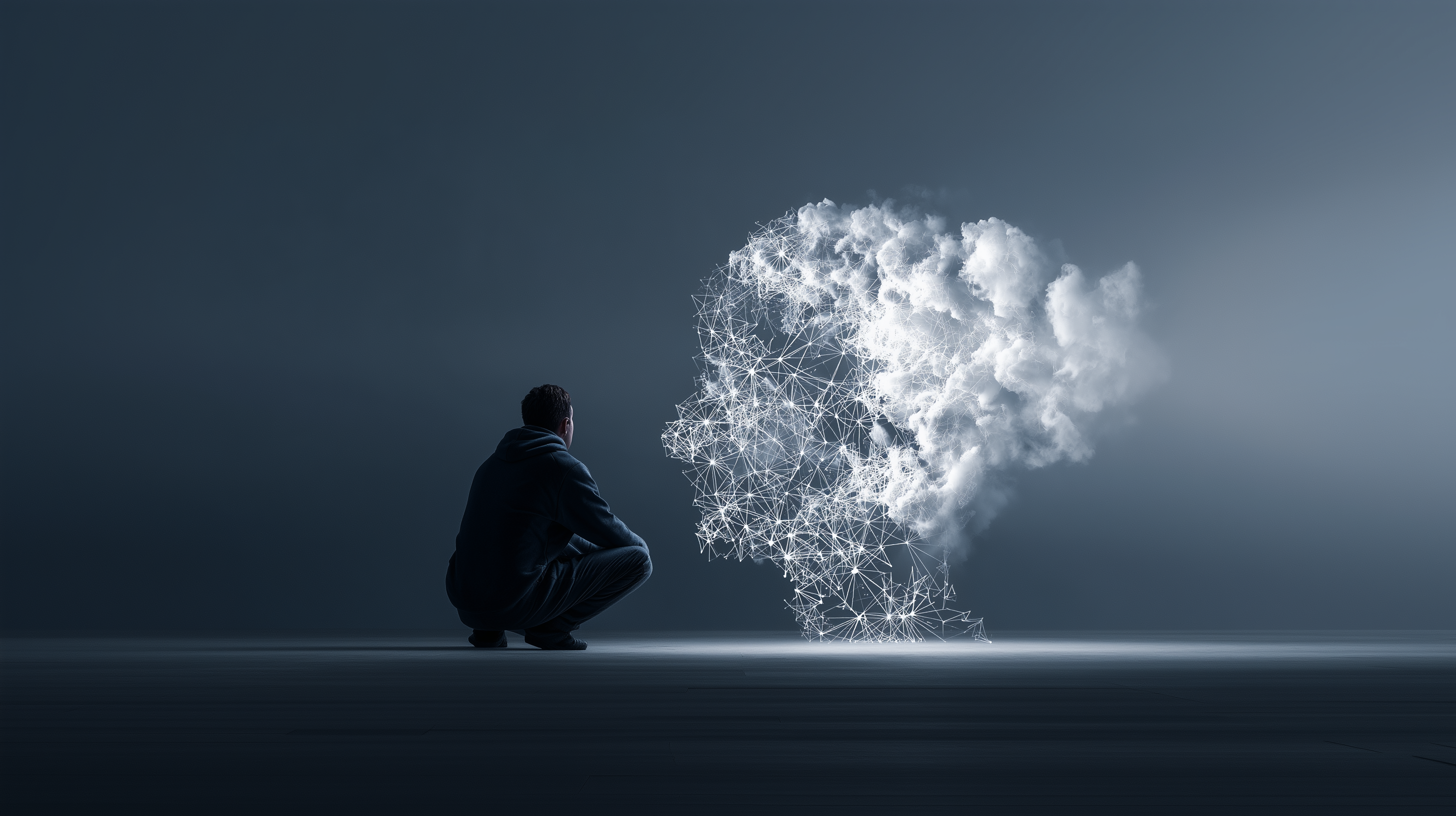 Person betrachtet eine wolkenartige, digitale Silhouette eines menschlichen Kopfes in abstrakter Umgebung.