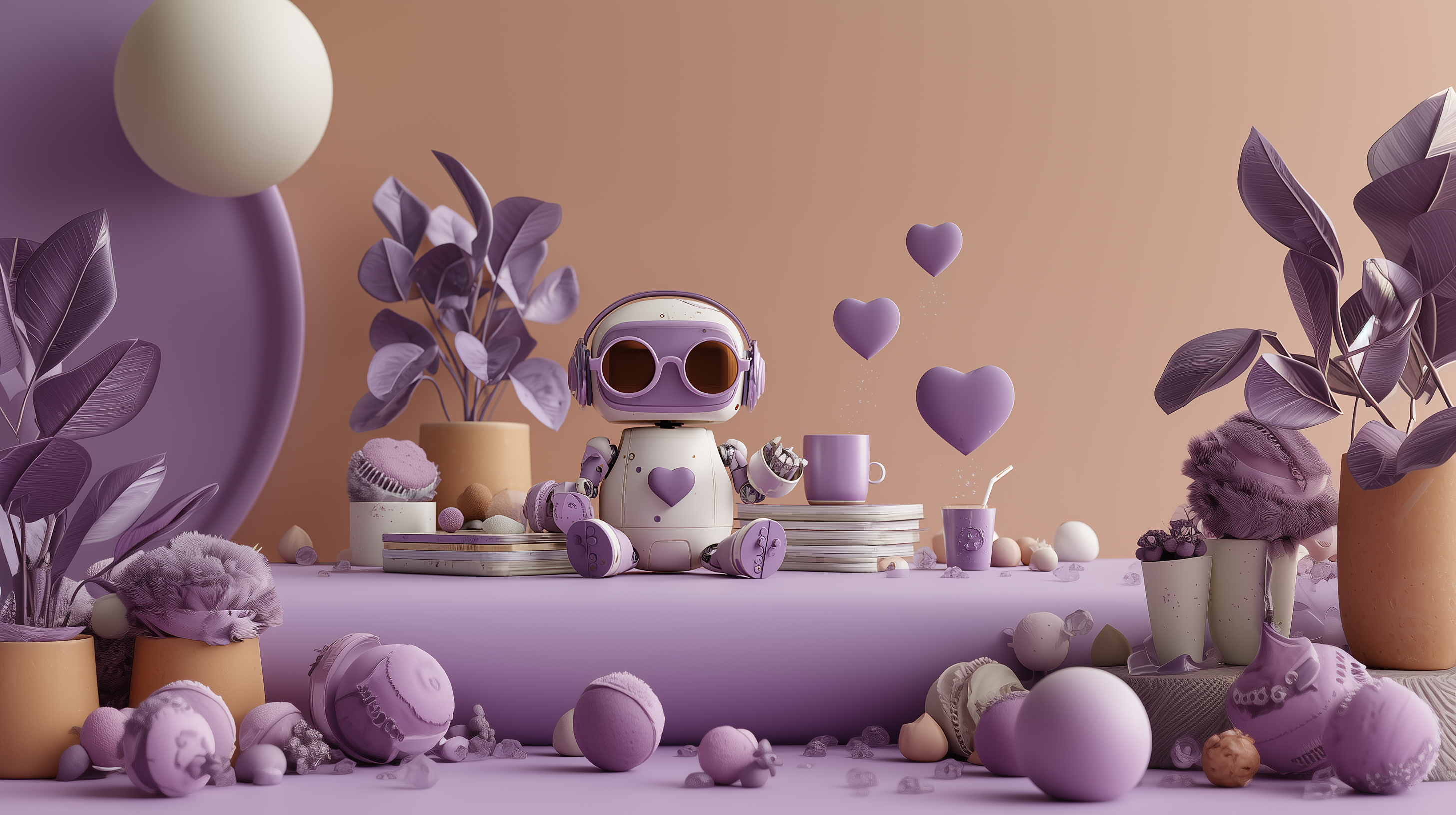 Niedlicher Roboter mit Herzsymbol sitzt in einer pastellfarbenen Umgebung, umgeben von Pflanzen und Süßigkeiten.