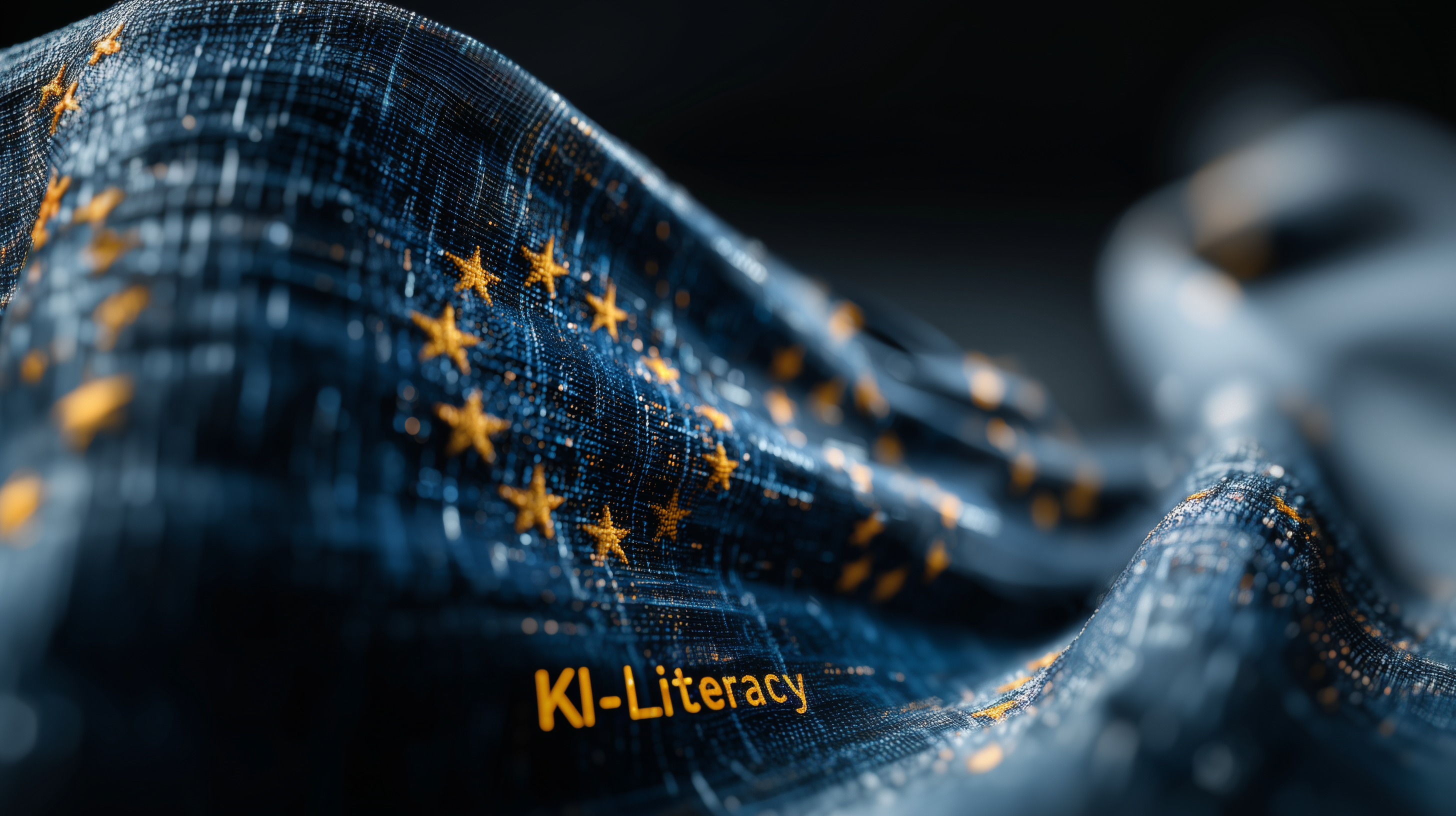 Europäische Flagge mit digitalen Strukturen und dem Schriftzug „KI-Literacy“ im Vordergrund.