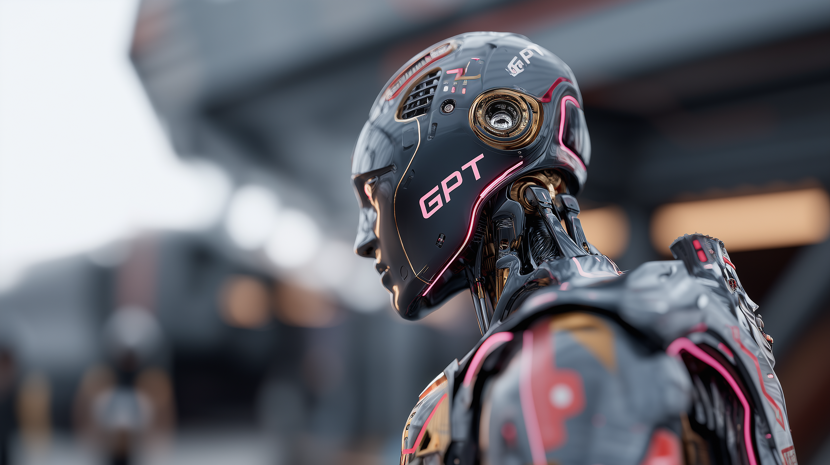 Futuristischer Roboter mit der Aufschrift „GPT“ auf dem Kopf in technischer Umgebung.