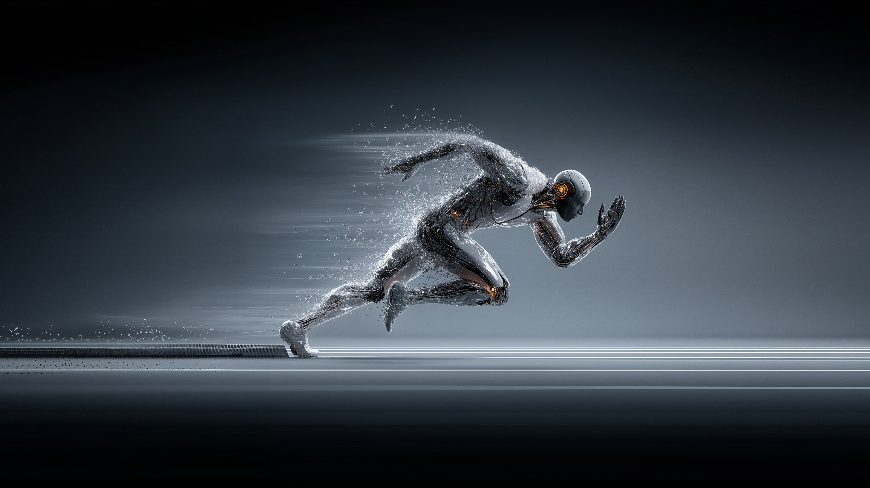 Dynamischer, futuristischer Roboter sprintet mit hoher Geschwindigkeit durch eine abstrakte Umgebung.