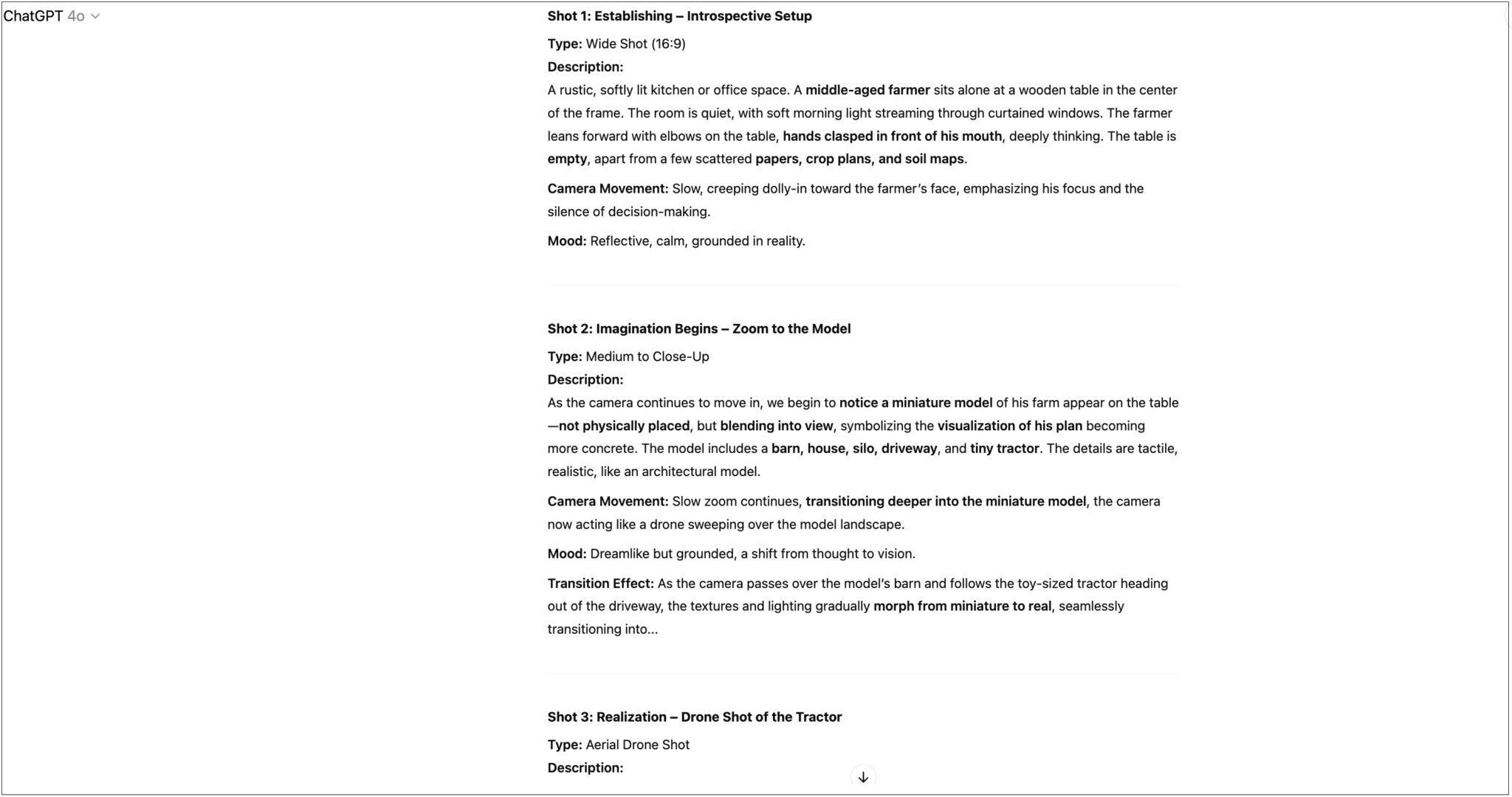 Screenshot mit einer detaillierten Drehbuchbeschreibung für drei verschiedene Kamerashots, inklusive Typ, Beschreibung, Kamerabewegung, Stimmung und Übergangseffekten.