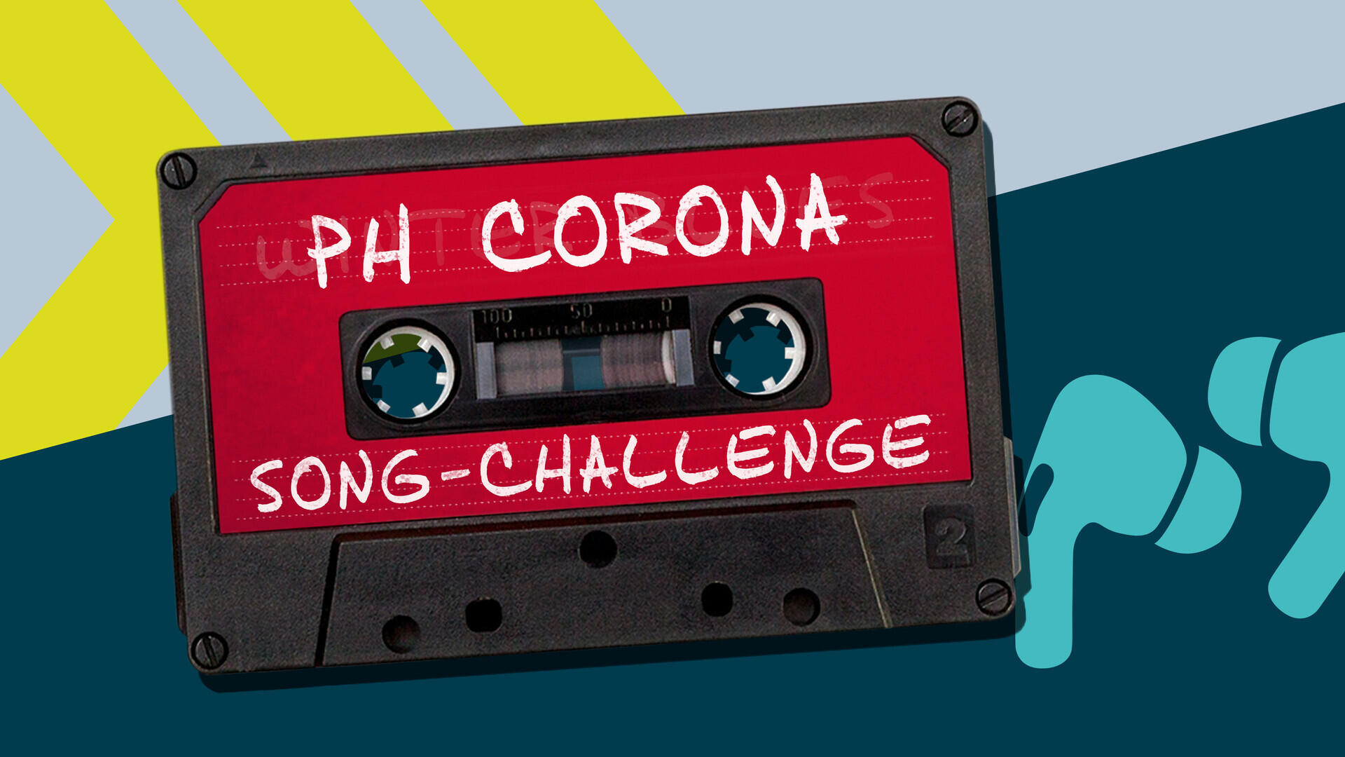 Illustration einer schwarzen Audiokassette mit rotem Label, auf dem „PH Corona Song-Challenge“ steht. Im Hintergrund sind stilisierte gelbe Streifen und blaue Formen zu sehen.