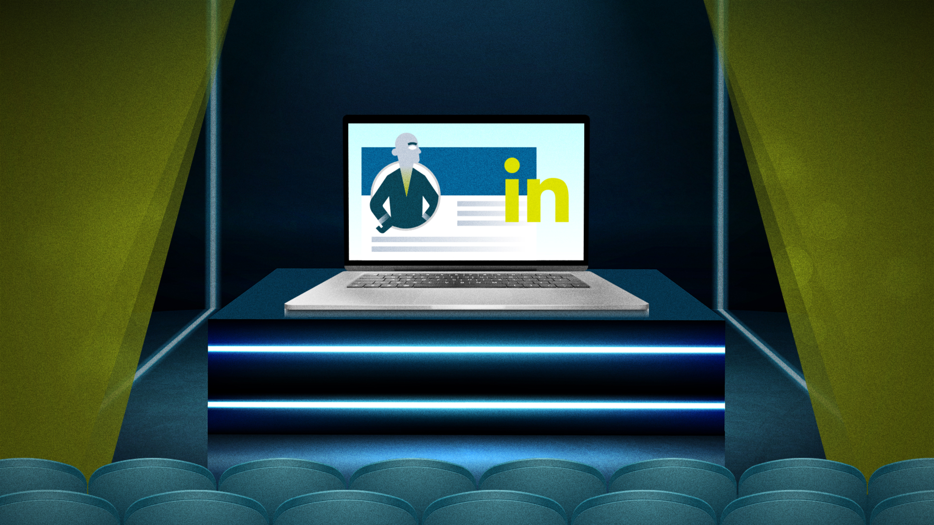 Ein Laptop steht auf einer beleuchteten Bühne vor leeren Sitzreihen. Auf dem Bildschirm ist ein stilisiertes LinkedIn-Profil mit dem gelben "in"-Logo zu sehen.