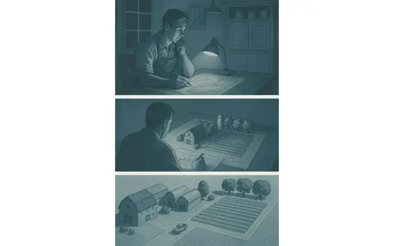 Illustration in drei Abschnitten: Eine Person sitzt am Tisch und betrachtet Pläne, im zweiten Abschnitt entsteht ein Modell einer Farm auf dem Tisch, im dritten Abschnitt ist die fertige Miniaturfarm mit Gebäuden, Feldern und Bäumen zu sehen.
